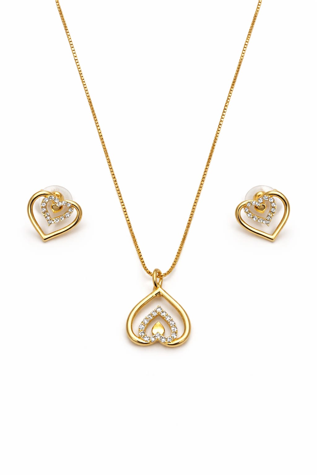 18K gold plated heart pendant necklace with matching earrings full view jewellery set