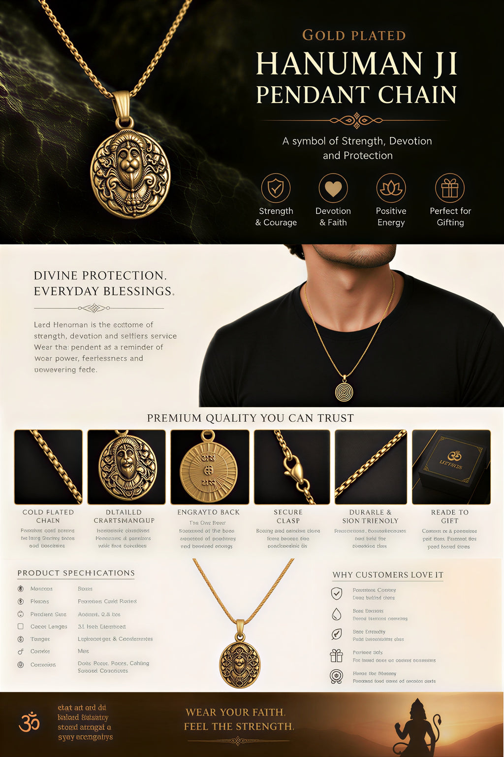 Gold Plated Hanuman Ji Pendant Chain Product Details Infographic with Features and Specifications