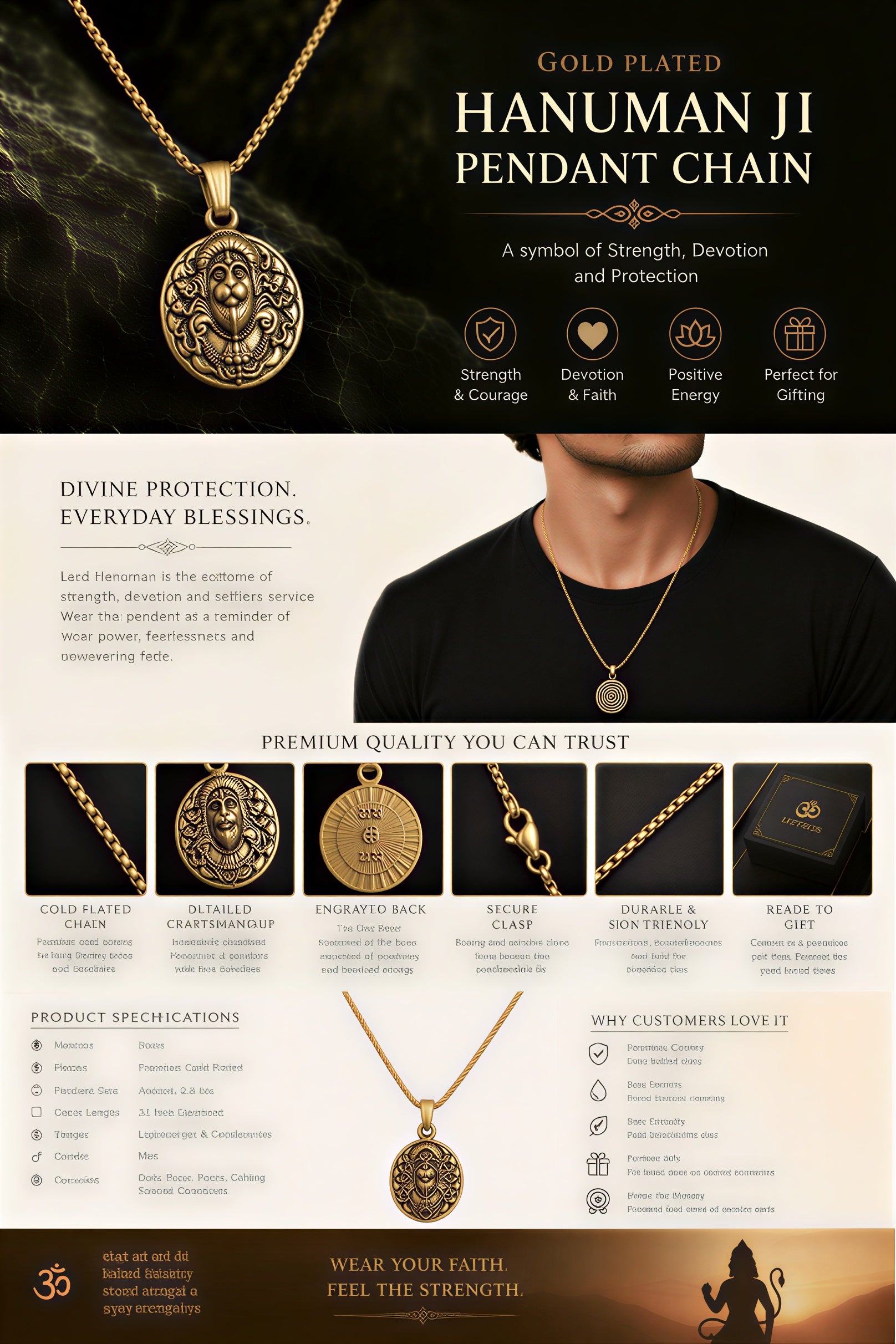 Gold Plated Hanuman Ji Pendant Chain Product Details Infographic with Features and Specifications