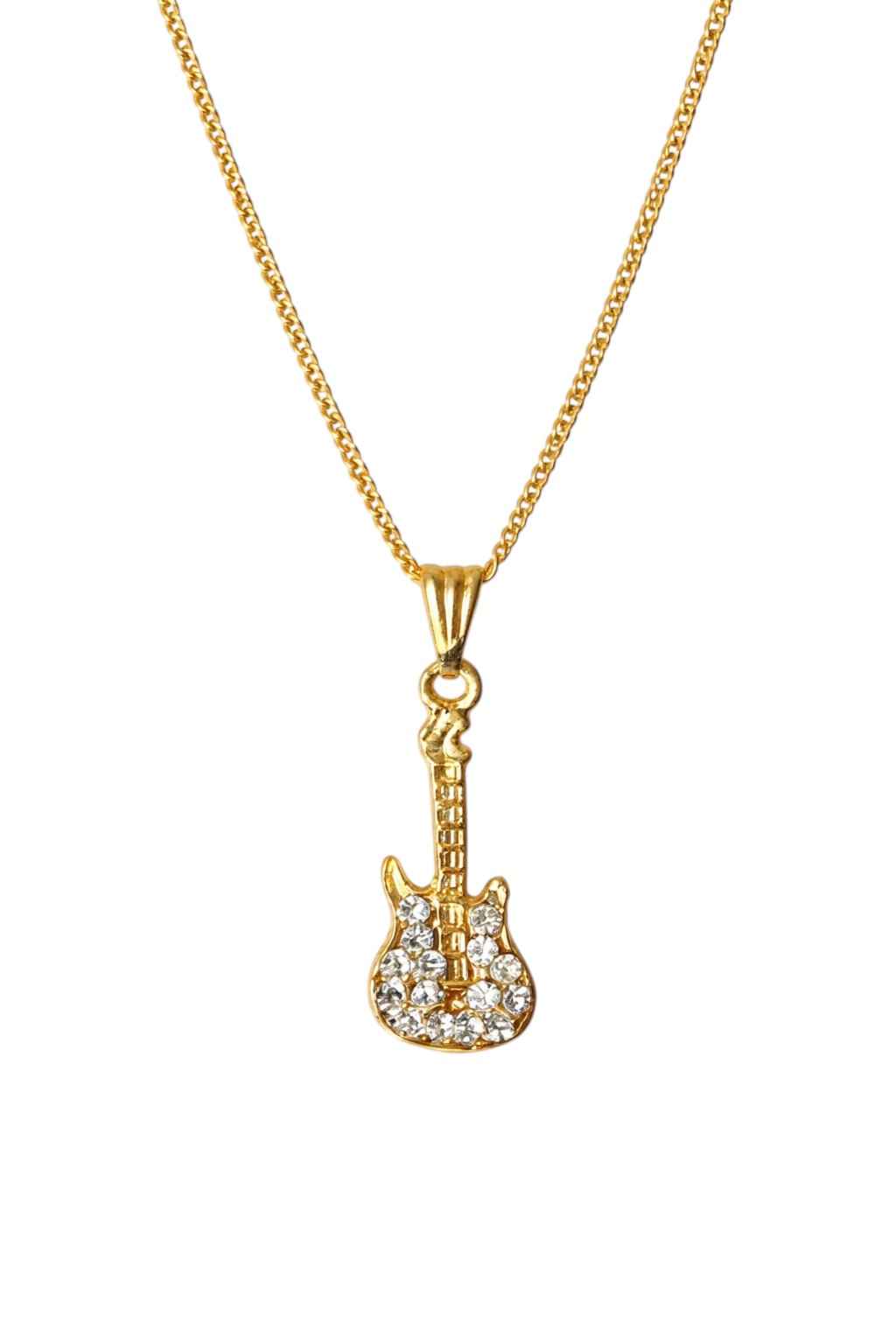 Gold Plated Electric Guitar Pendant Necklace for Women & Girls | Musical Instrument Crystal Studded Locket with Adjustable Curb Chain | Gift for Musicians, Music Lovers & Rockstars