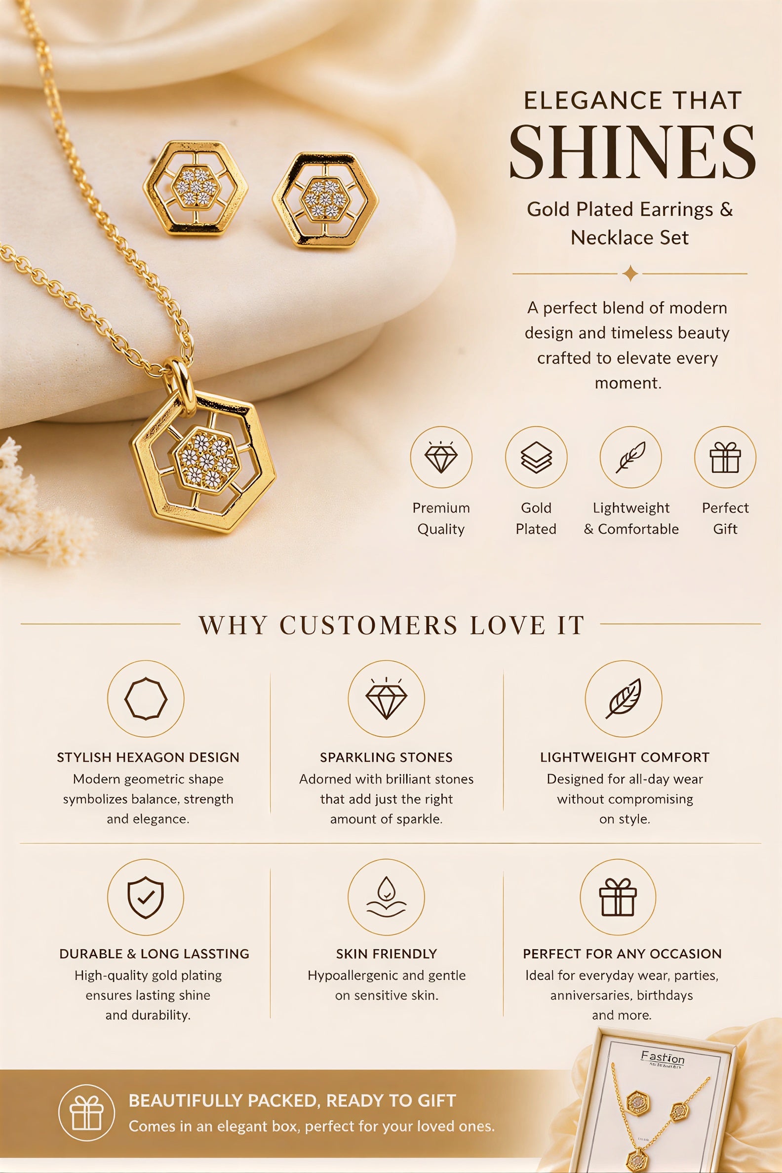 Elegant gold plated jewellery set for women suitable for office wear, parties and daily styling
