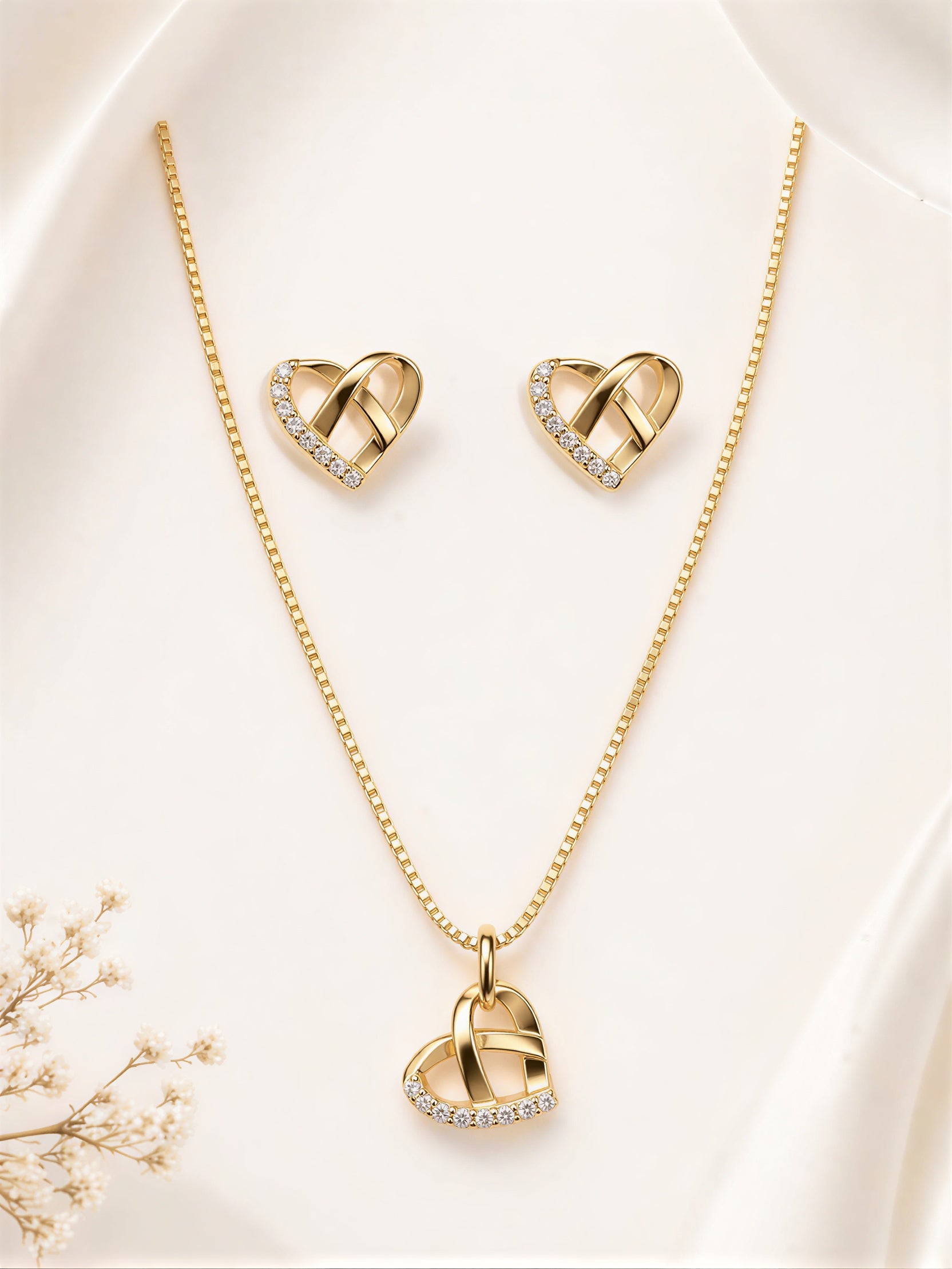 Gold plated heart pendant necklace with matching earrings set for women