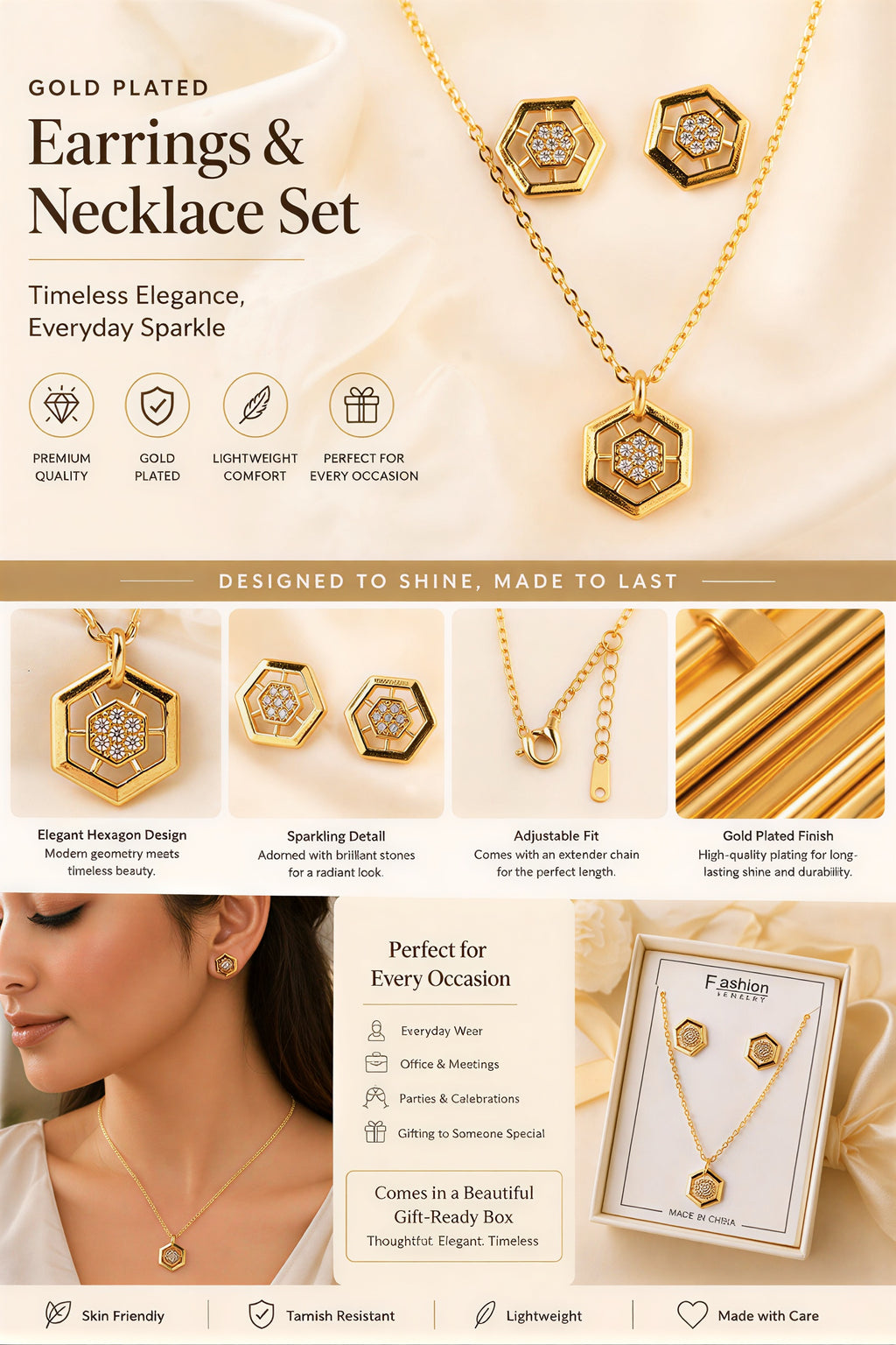 Gold plated earrings and necklace set for women with lightweight design, skin friendly and perfect for daily wear