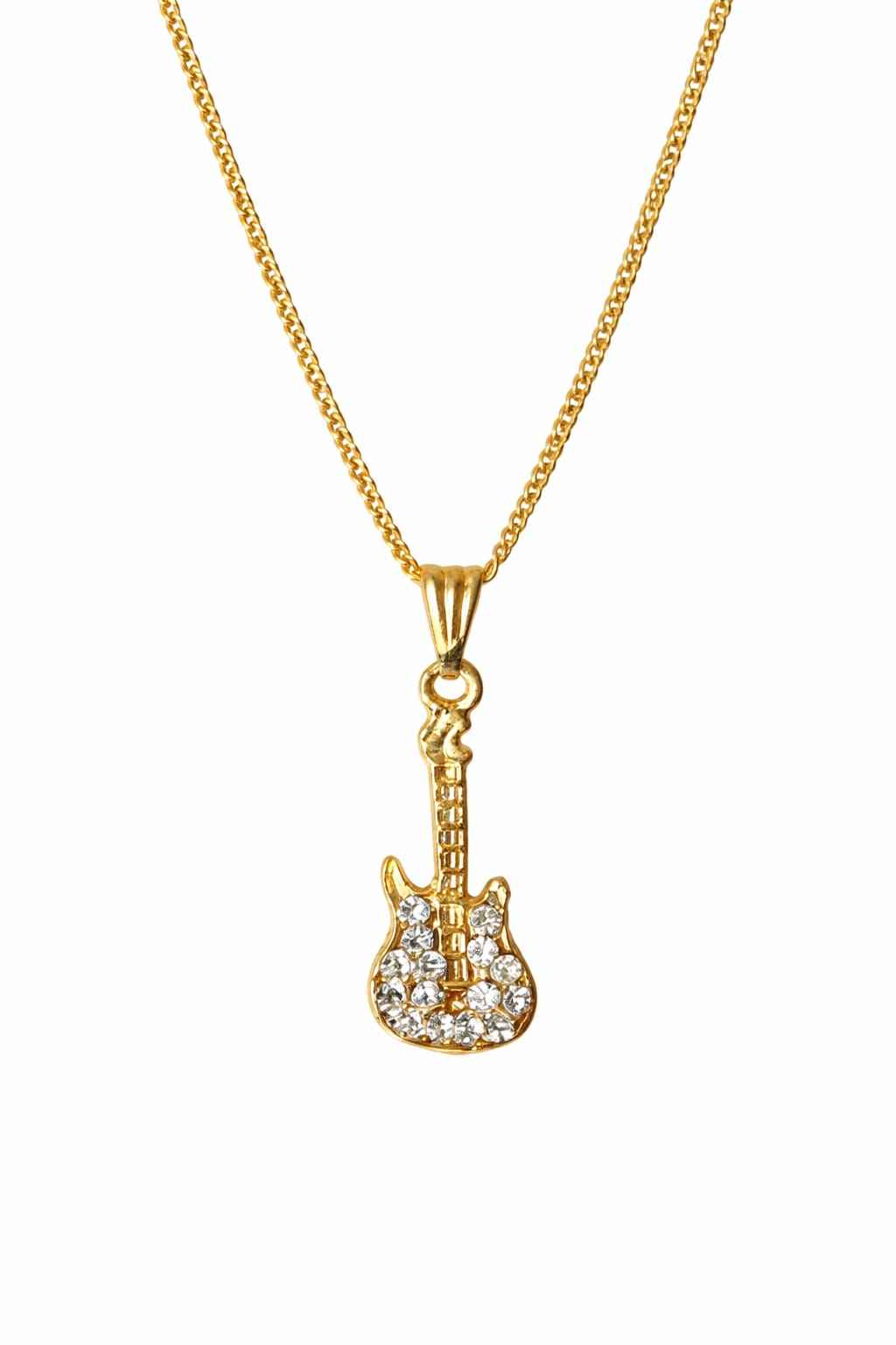 Gold Plated Electric Guitar Pendant Necklace for Women & Girls | Musical Instrument Crystal Studded Locket with Adjustable Curb Chain | Gift for Musicians, Music Lovers & Rockstars