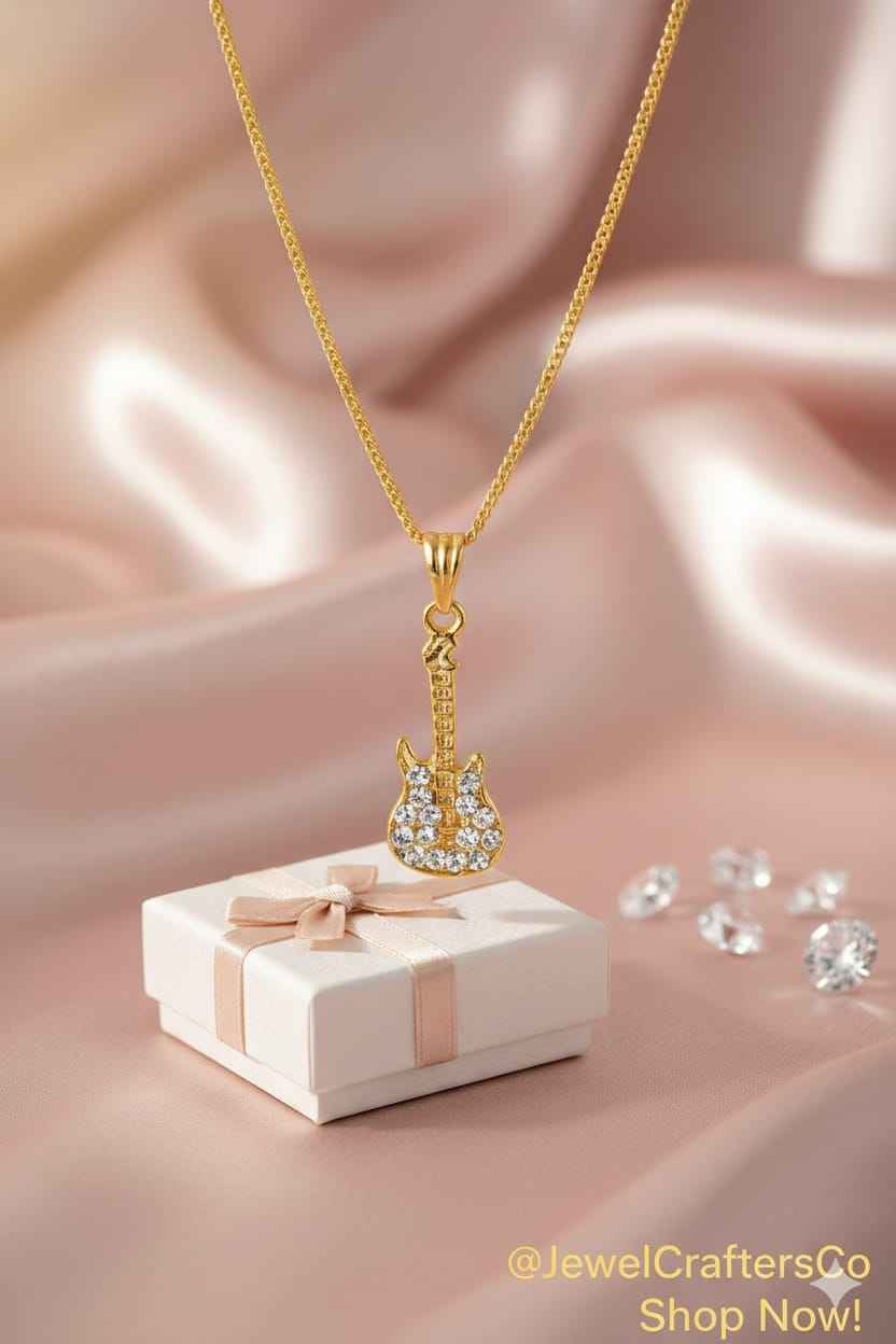 Gold Plated Electric Guitar Pendant Necklace for Women & Girls | Musical Instrument Crystal Studded Locket with Adjustable Curb Chain | Gift for Musicians, Music Lovers & Rockstars