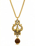 Gold plated Trishul Rudraksha pendant chain necklace for men and women with antique Shiva design
