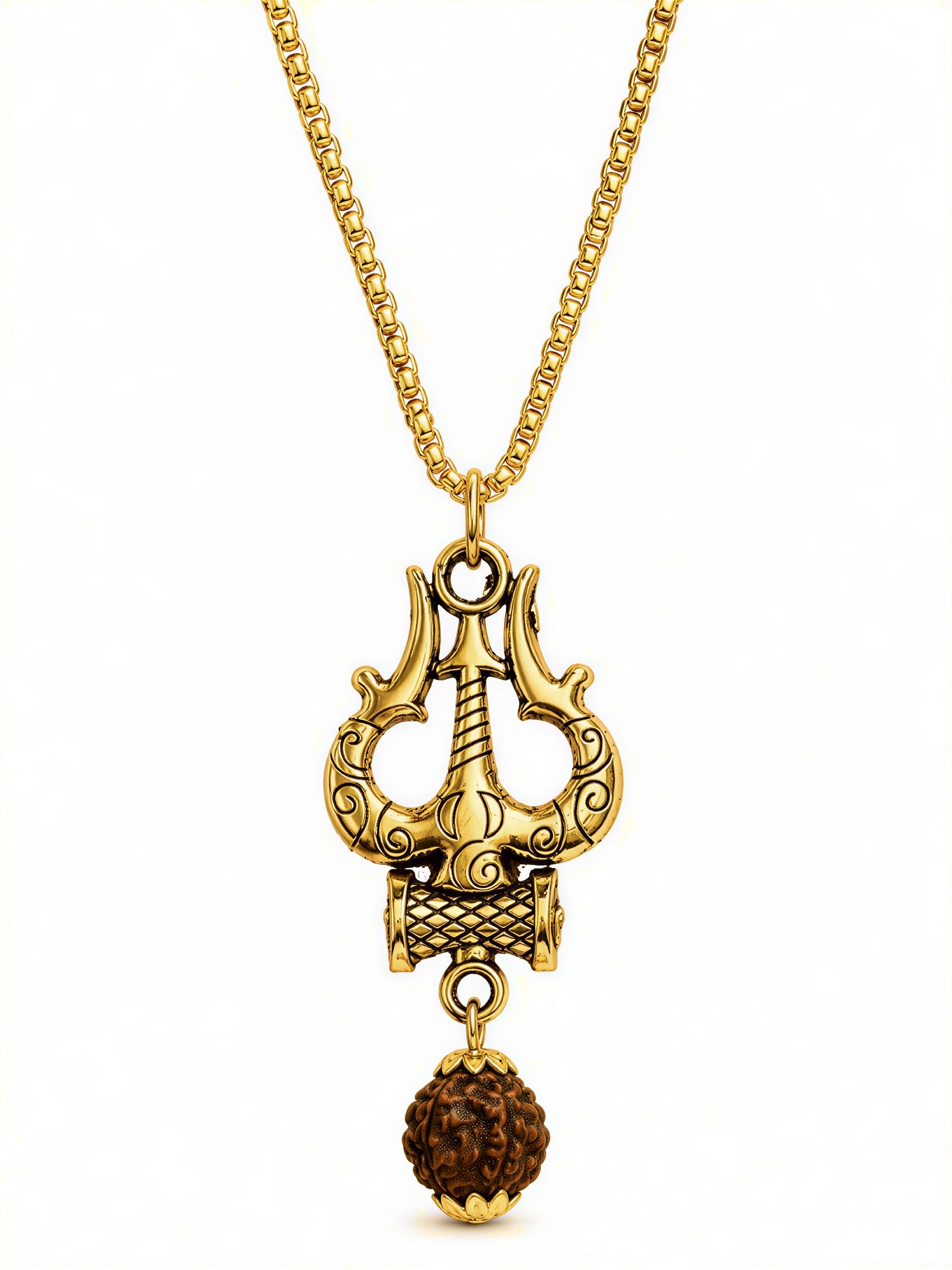 Gold plated Trishul Rudraksha pendant chain necklace for men and women with antique Shiva design
