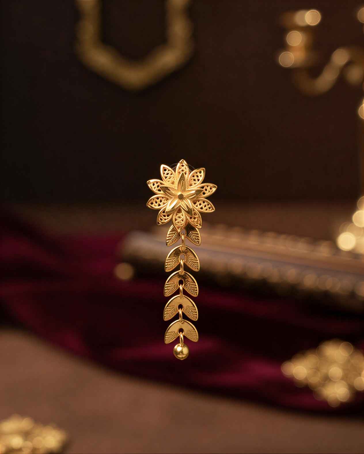 Gold Plated Floral Long Drop Earrings for Women | Traditional Leaf Design Ethnic Earrings | Lightweight Party Wear & Festive Jewellery