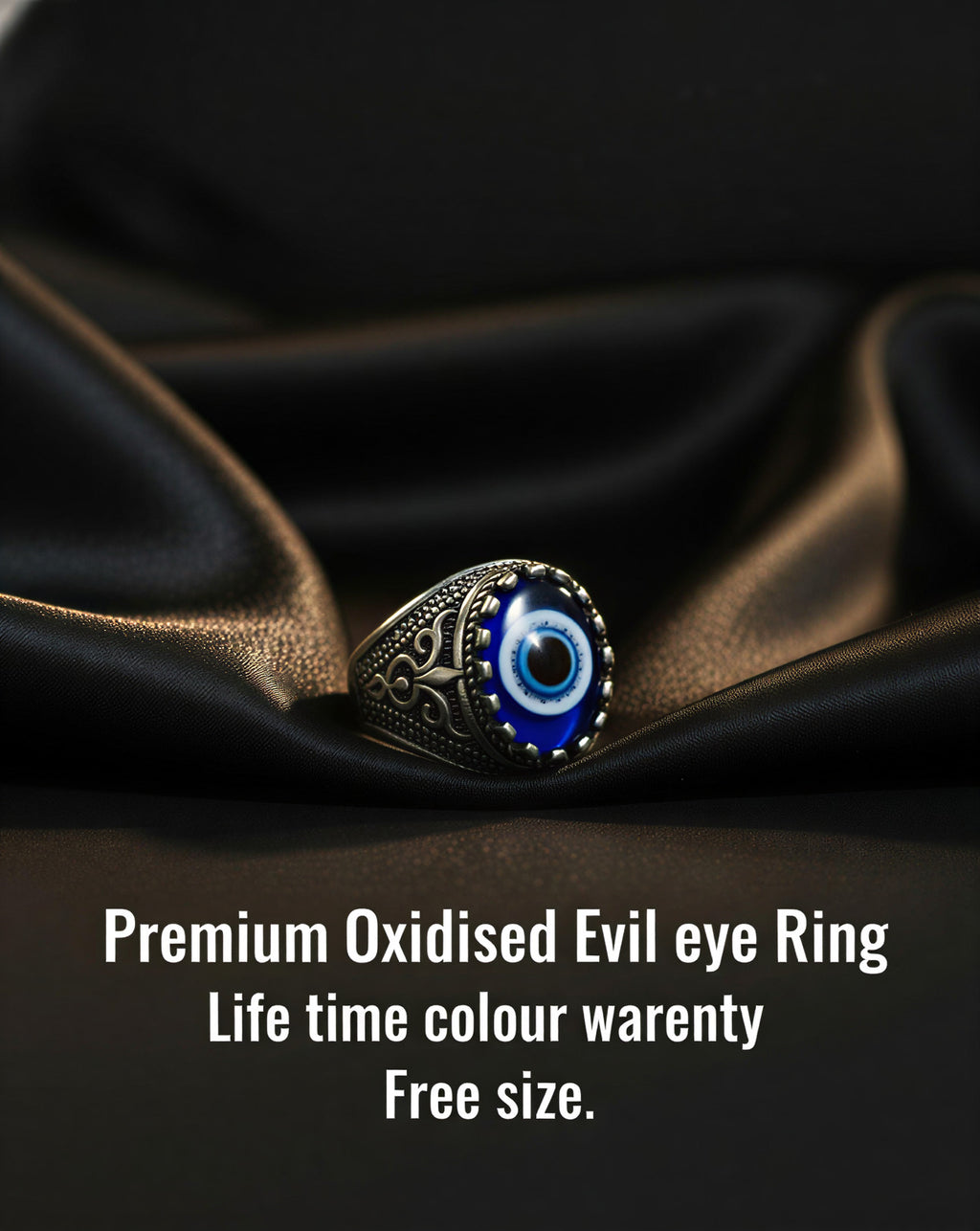 Premium Oxidised Evil Eye Ring for Men & Women | Black & Silver Evil Eye Finger Ring | Adjustable Free Size | Lifetime Colour Warranty - VAYNORA JEWELS