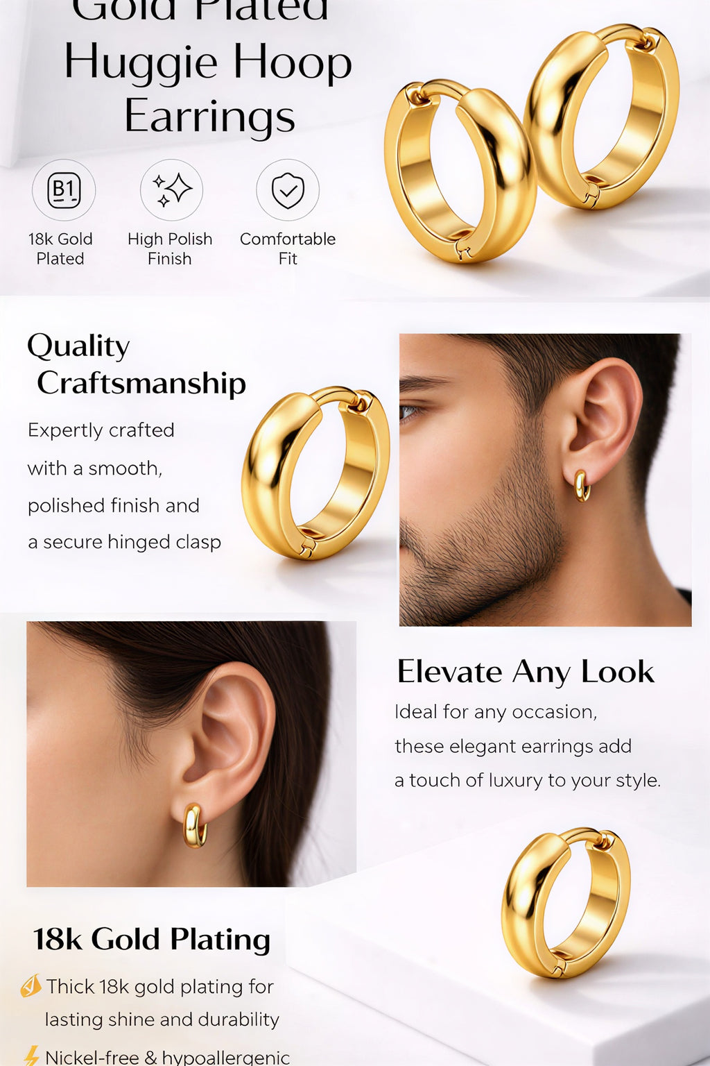 thick round mens gold plated hoop earrings product detail view