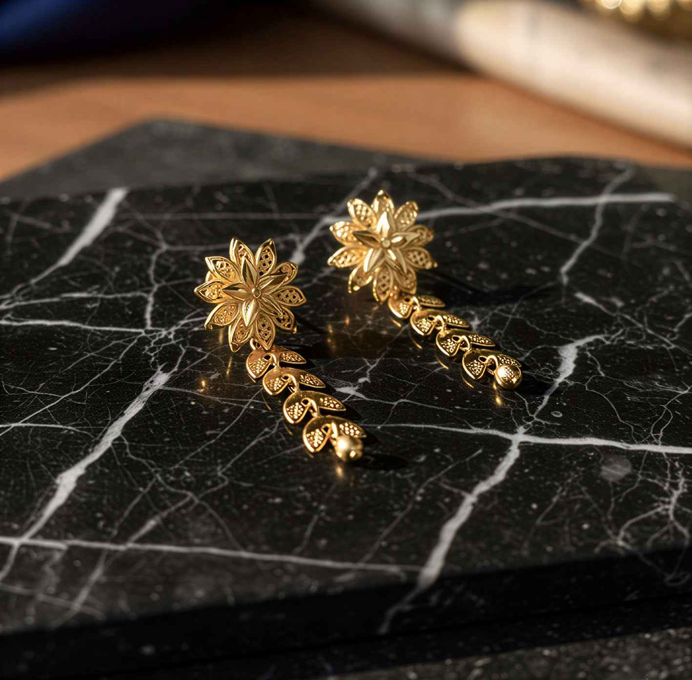 Gold Plated Floral Long Drop Earrings for Women | Traditional Leaf Design Ethnic Earrings | Lightweight Party Wear & Festive Jewellery