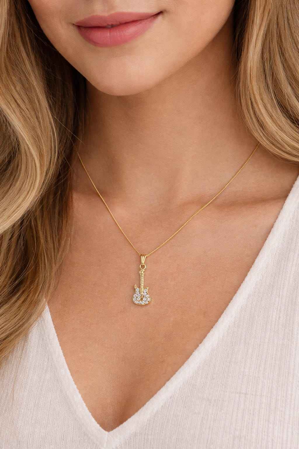 Gold Plated Electric Guitar Pendant Necklace for Women & Girls | Musical Instrument Crystal Studded Locket with Adjustable Curb Chain | Gift for Musicians, Music Lovers & Rockstars