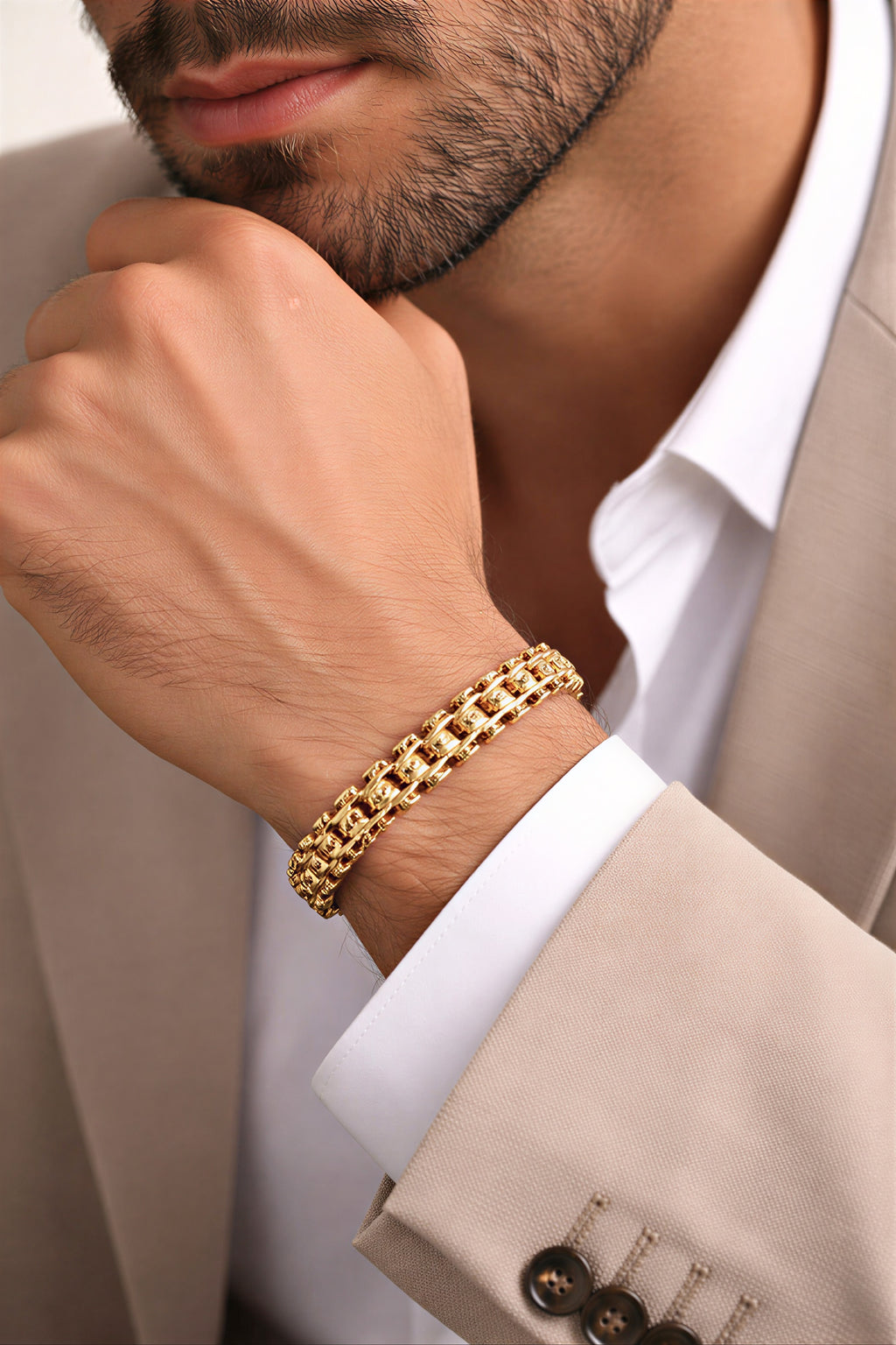 stylish mens gold bracelet worn on wrist elegant look