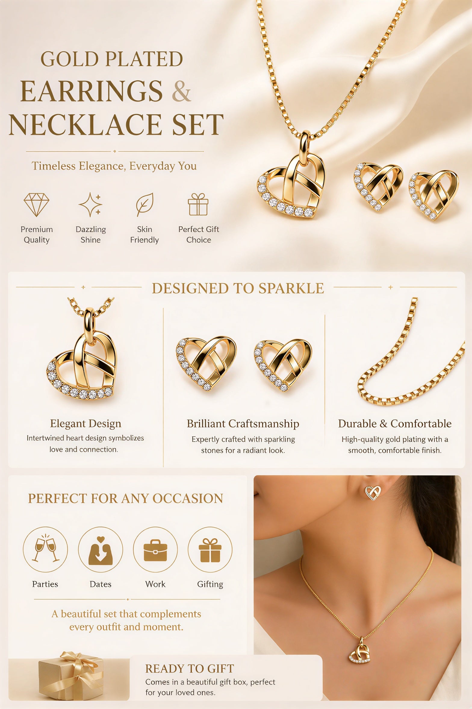 Elegant heart necklace and earrings set premium fashion jewelry