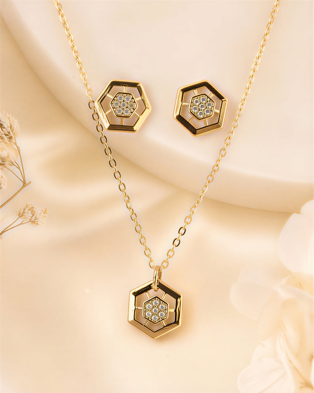 Gold plated hexagon pendant necklace set with matching stud earrings for women, elegant lightweight daily wear jewellery