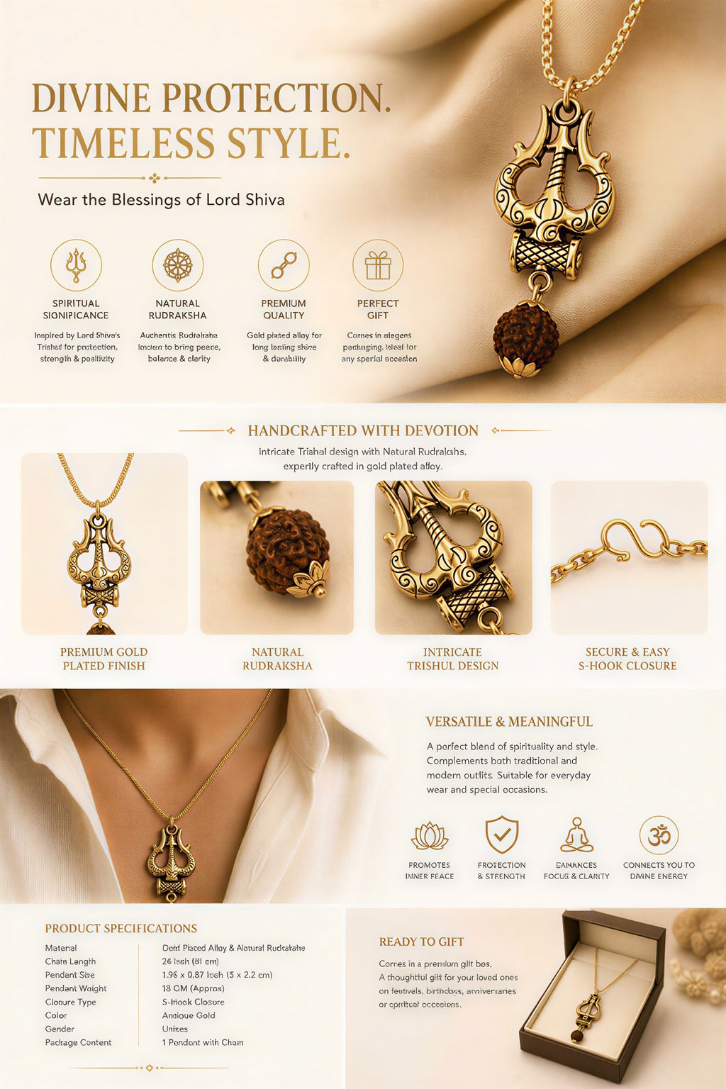 Amazon A plus content image of gold plated Shiva Trishul pendant chain with Rudraksha bead