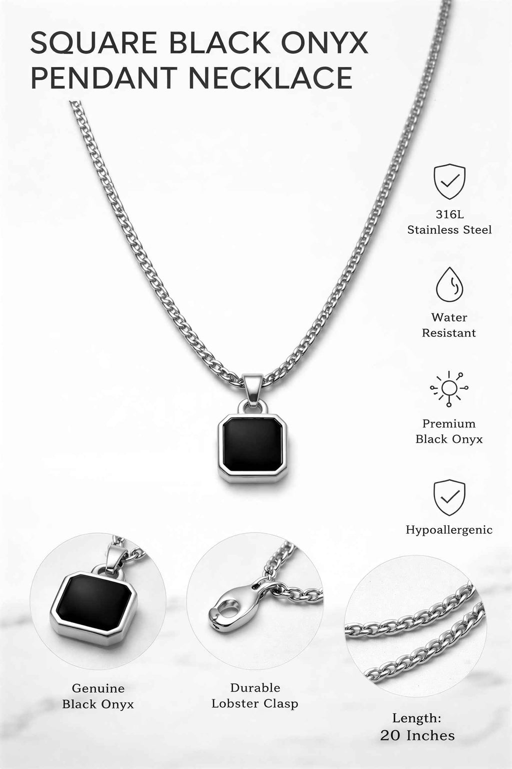 Minimalist Black Square Pendant Necklace – Stainless Steel Chain | Modern Unisex Jewelry
