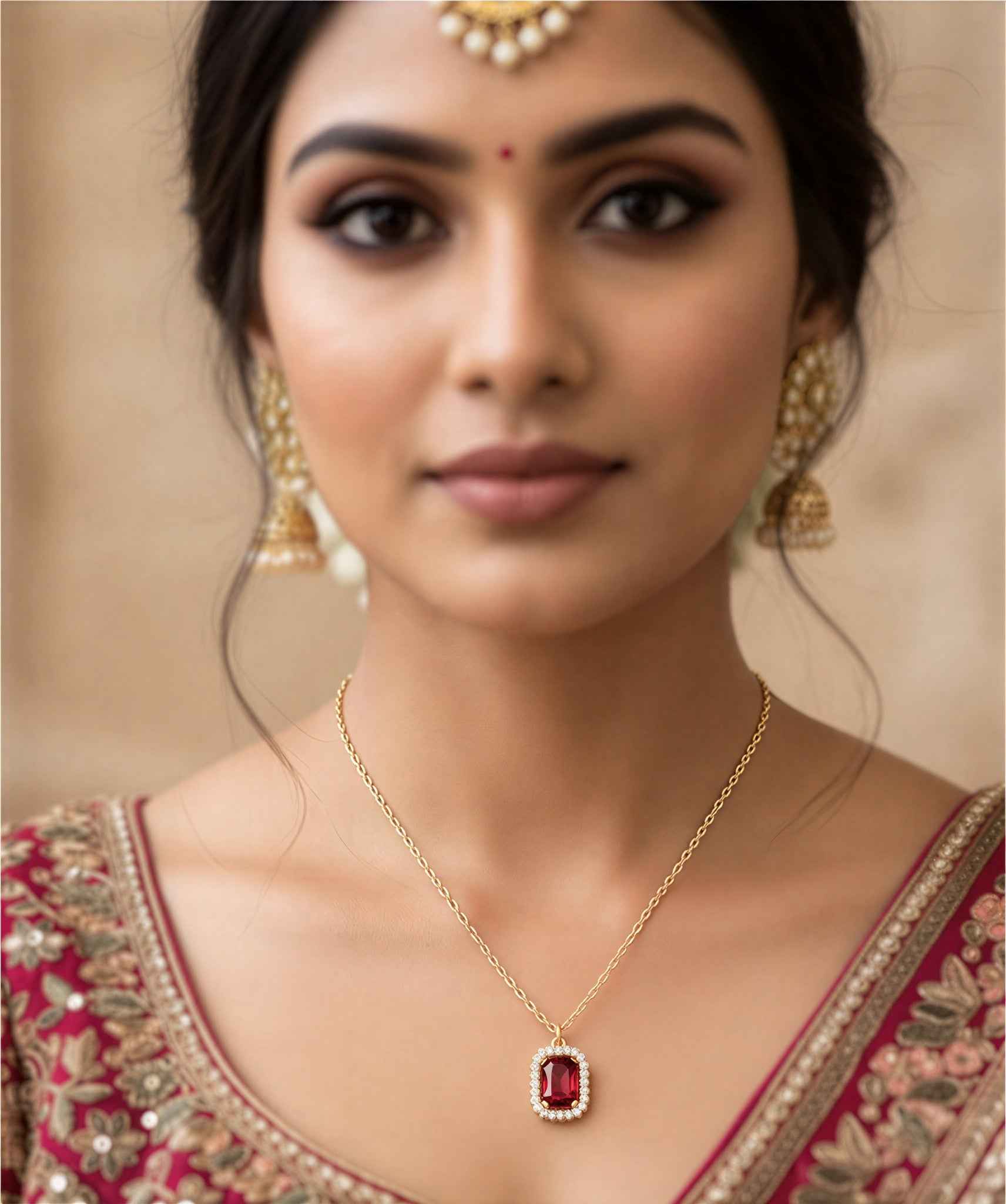 Gold-Plated Emerald Cut Red Ruby & Cubic Zirconia Pendent with Chain for Women & Girls | Traditional Ethnic Jewelry Set | Ideal for Weddings & Festive Wear