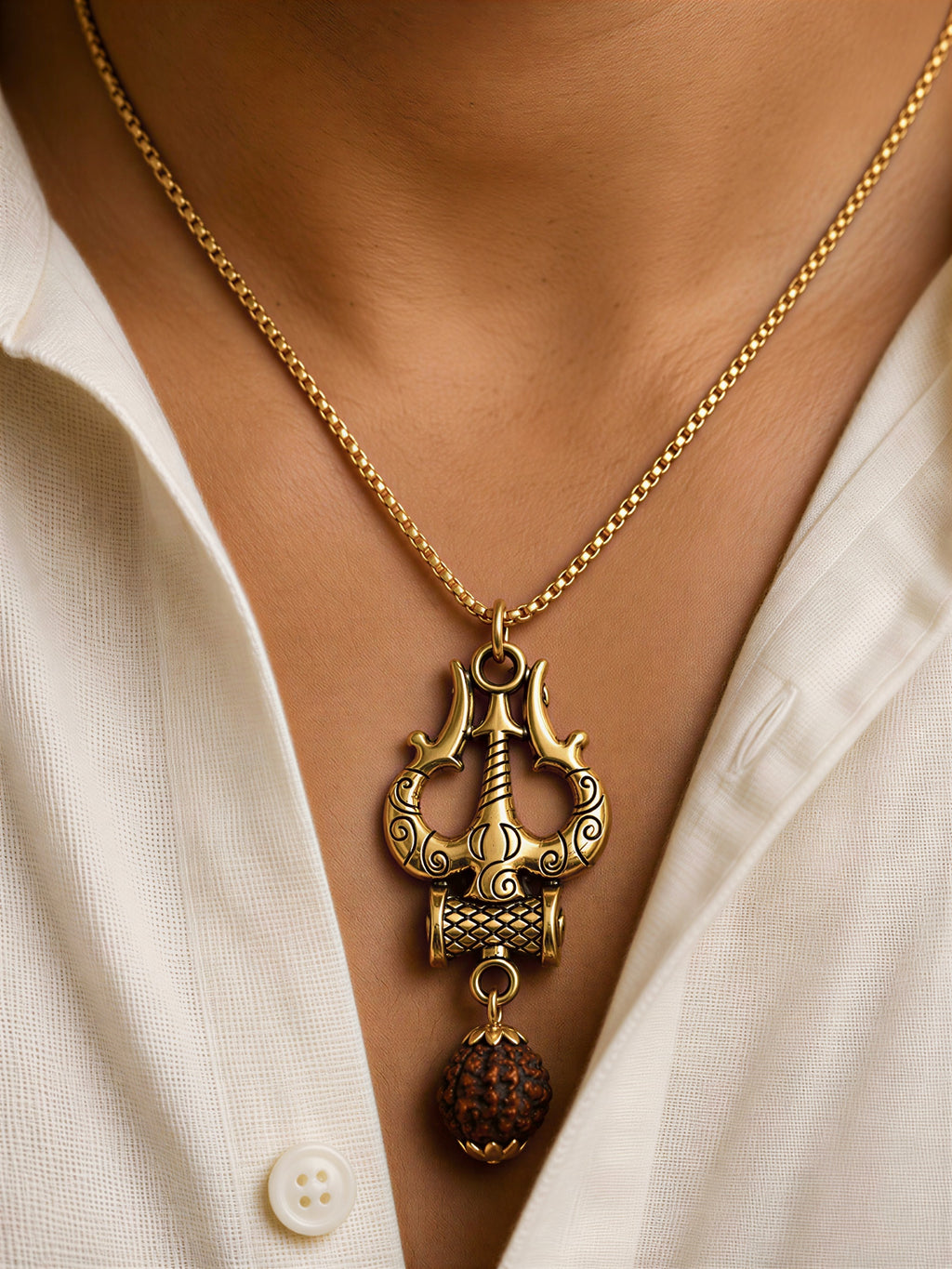 Male model wearing gold plated Shiva Trishul Rudraksha pendant necklace closeup view