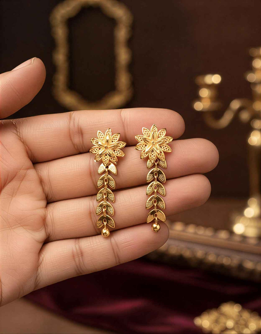 Vaynora Jewels Gold Plated Emerald-Cut Ruby Pendant & Floral Drop Earring Set for Women