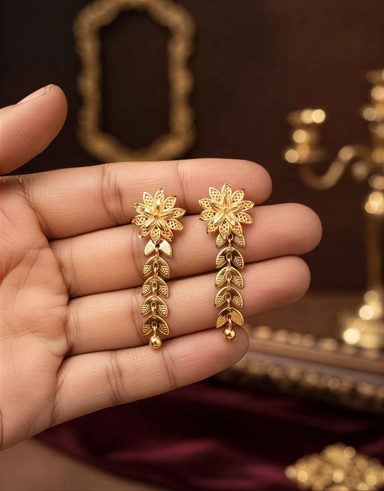 Vaynora Jewels Gold Plated Emerald-Cut Ruby Pendant & Floral Drop Earring Set for Women
