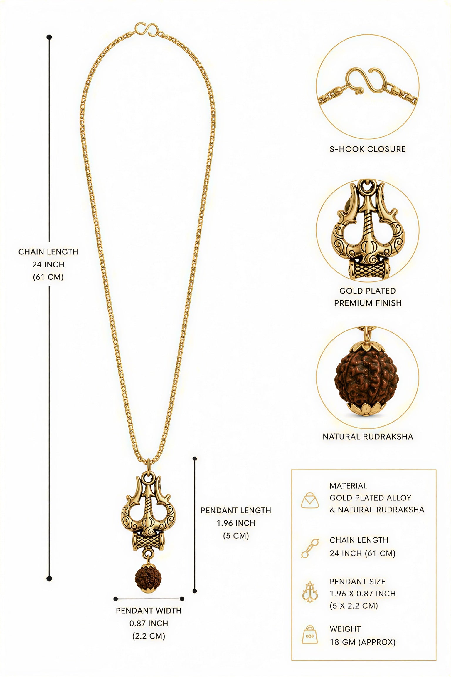 Gold plated Trishul pendant chain with product size dimensions and S hook closure details