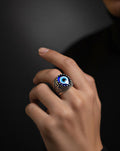 Premium Oxidised Evil Eye Ring for Men & Women | Black & Silver Evil Eye Finger Ring | Adjustable Free Size | Lifetime Colour Warranty - VAYNORA JEWELS