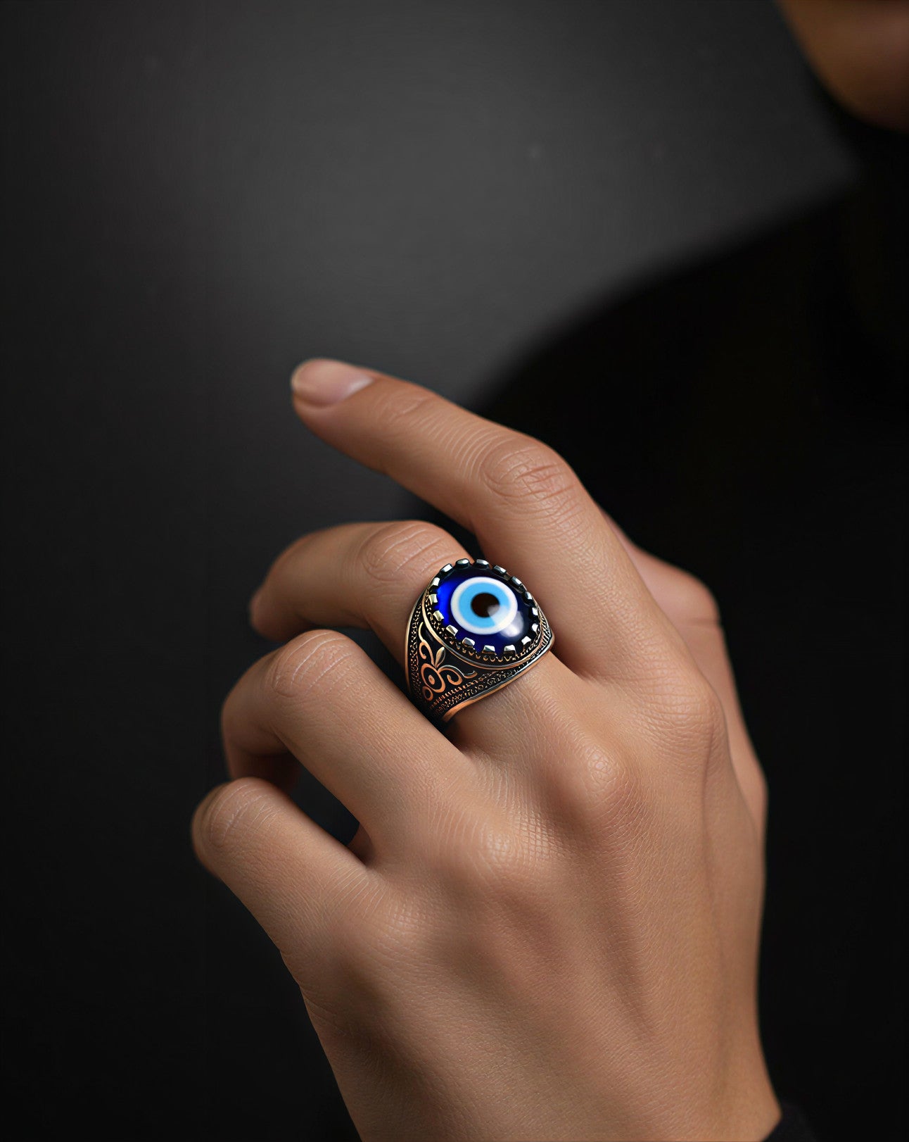 Premium Oxidised Evil Eye Ring for Men & Women | Black & Silver Evil Eye Finger Ring | Adjustable Free Size | Lifetime Colour Warranty - VAYNORA JEWELS