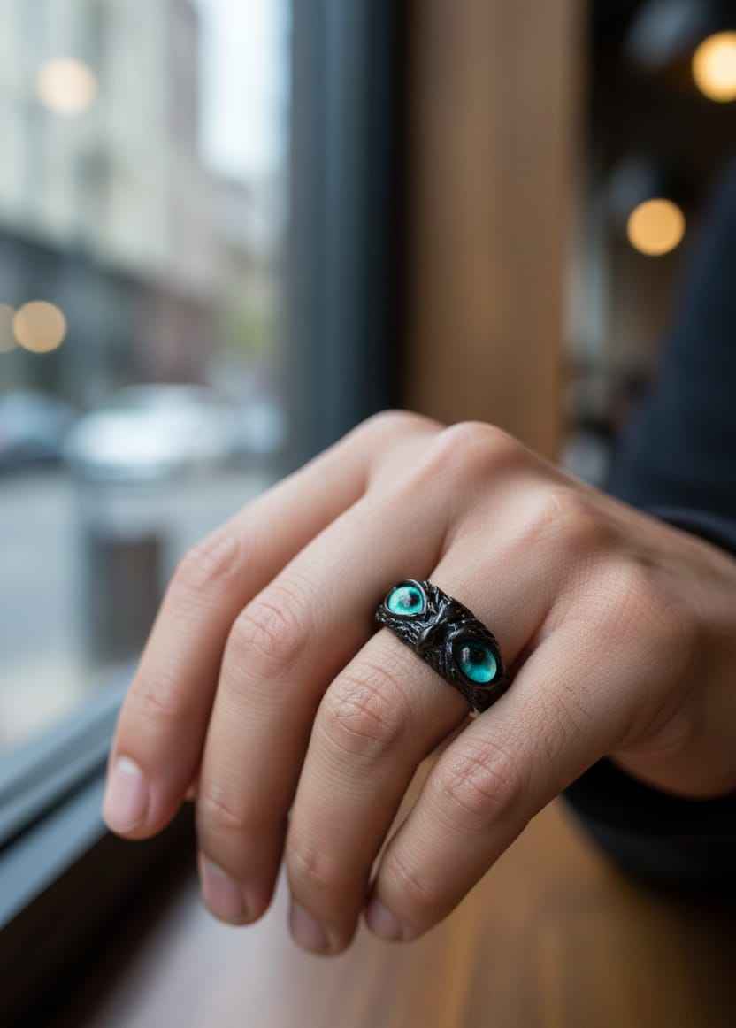 Gothic Green Owl Eye Adjustable Ring for Men & Women | Black Fantasy Statement Band Jewellery