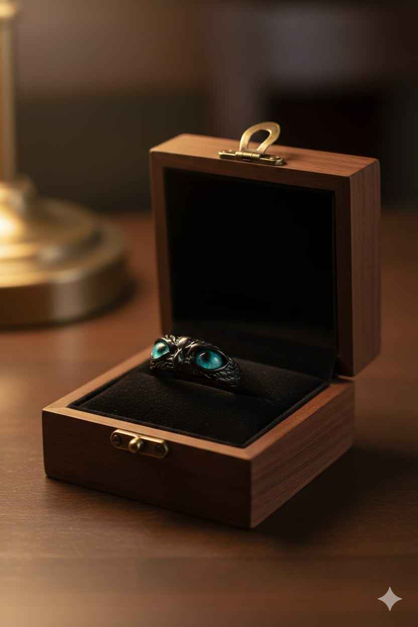 Gothic Green Owl Eye Adjustable Ring for Men & Women | Black Fantasy Statement Band Jewellery