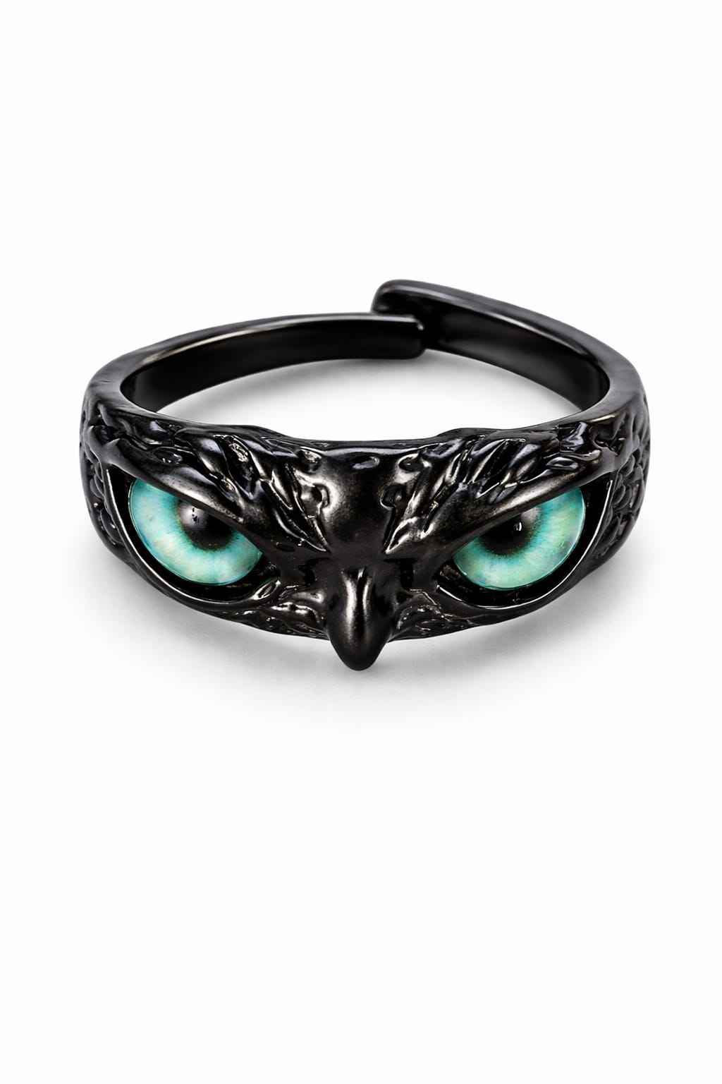 Gothic Green Owl Eye Adjustable Ring for Men & Women | Black Fantasy Statement Band Jewellery