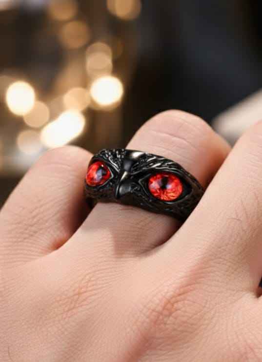 Gothic Red Owl Eye Adjustable Ring for Men & Women | Black Fantasy Statement Band Jewellery