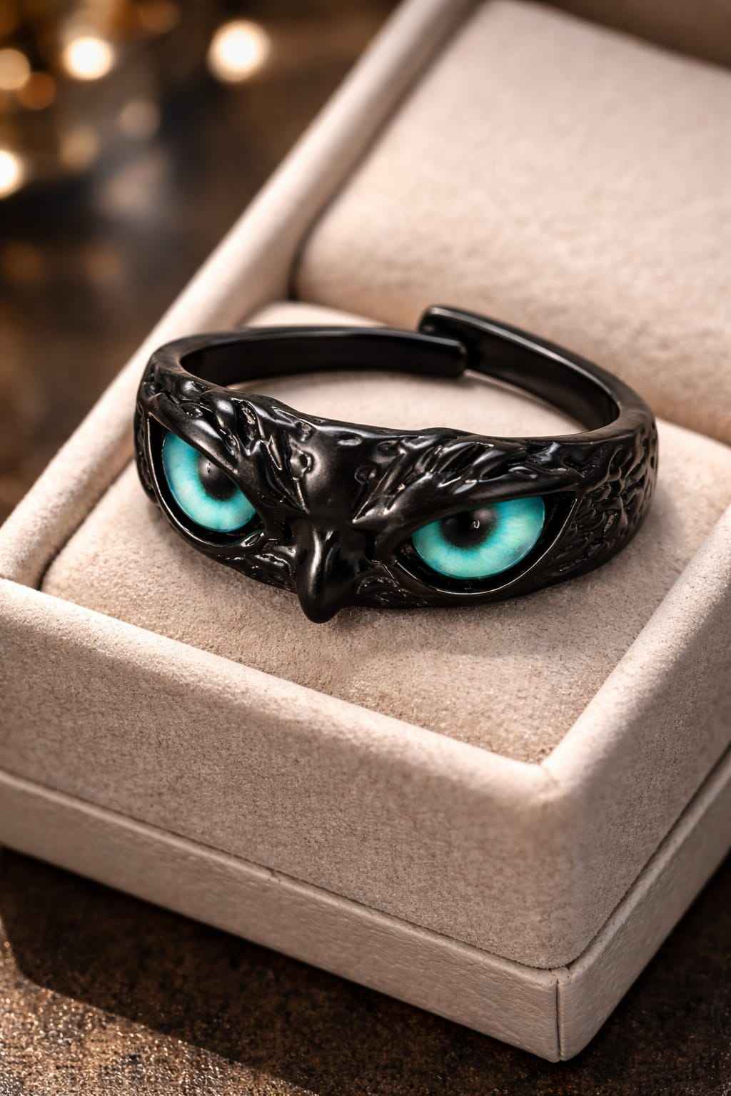 Gothic Green Owl Eye Adjustable Ring for Men & Women | Black Fantasy Statement Band Jewellery