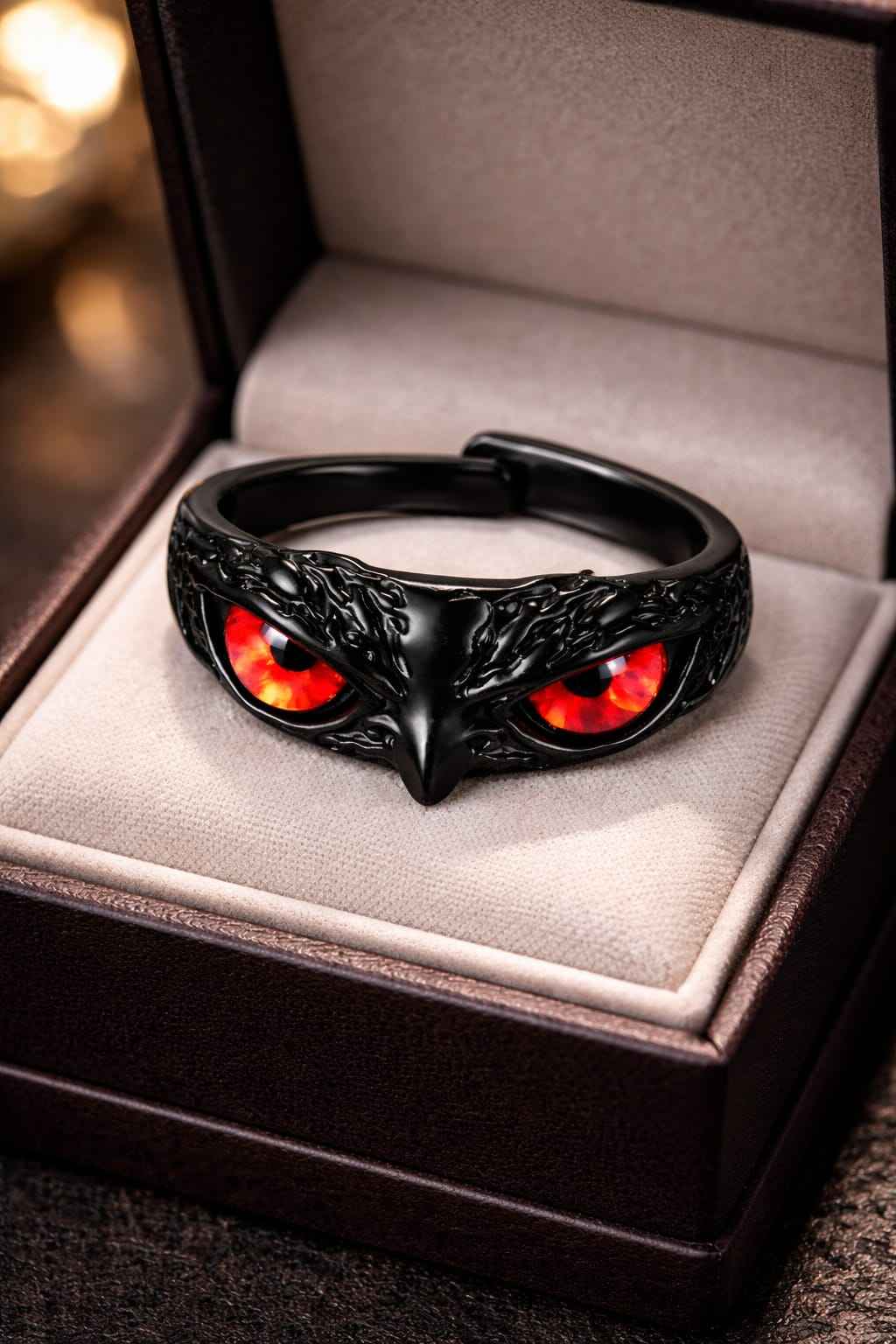 Gothic Red Owl Eye Adjustable Ring for Men & Women | Black Fantasy Statement Band Jewellery