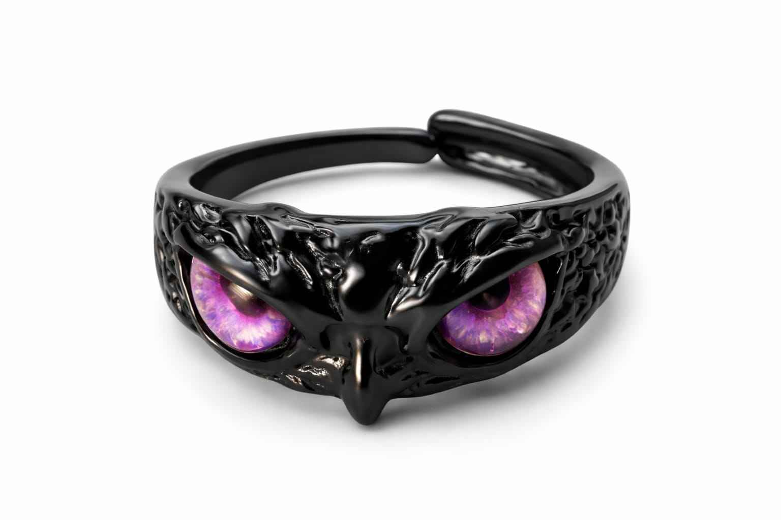 Black Raven Skull Ring with Purple Eyes – Gothic Bird Skull Statement Ring – Dark Fantasy Jewelry for Men & Women