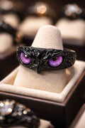 Black Raven Skull Ring with Purple Eyes – Gothic Bird Skull Statement Ring – Dark Fantasy Jewelry for Men & Women