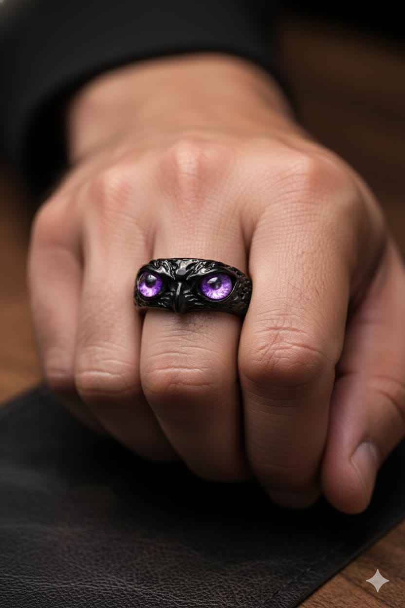 Black Raven Skull Ring with Purple Eyes – Gothic Bird Skull Statement Ring – Dark Fantasy Jewelry for Men & Women