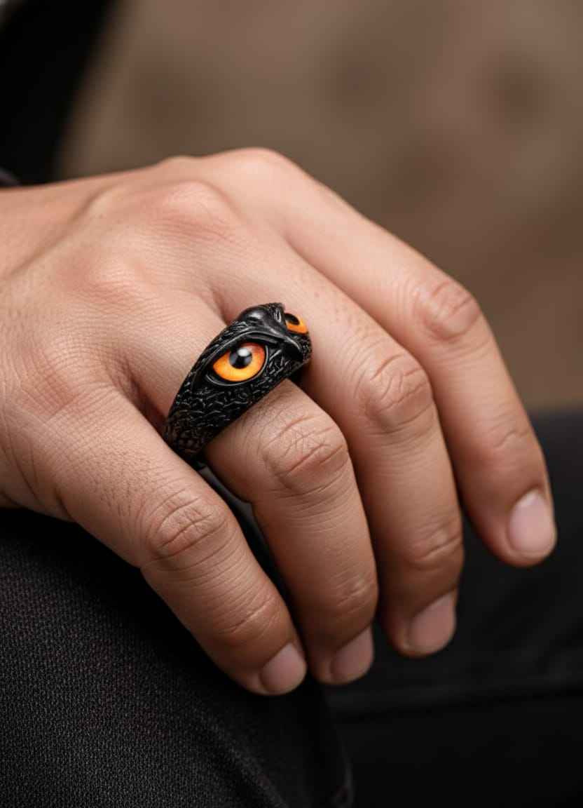 Gothic Dragon Eye Adjustable Ring for Men & Women | Black Statement Fantasy Band Jewellery