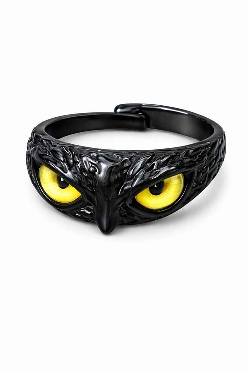 Black Raven Owl Ring with Yellow Eyes – Gothic Adjustable Bird Skull Statement Ring – Dark Fantasy Jewelry