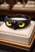 Black Raven Owl Ring with Yellow Eyes – Gothic Adjustable Bird Skull Statement Ring – Dark Fantasy Jewelry