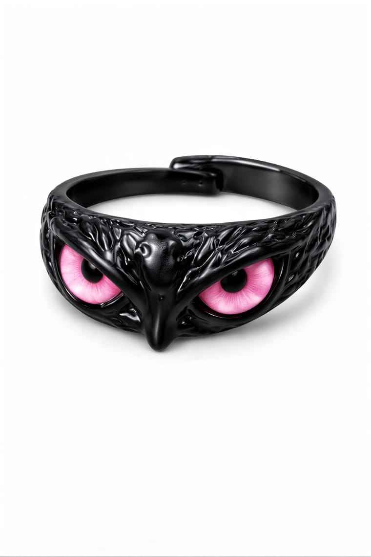 Gothic Owl Eye Black Adjustable Ring for Men & Women | Pink Eye Statement Fantasy Band
