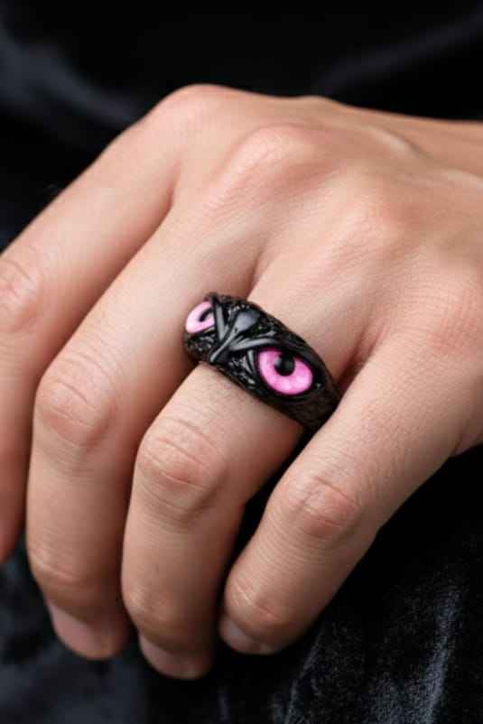 Gothic Owl Eye Black Adjustable Ring for Men & Women | Pink Eye Statement Fantasy Band