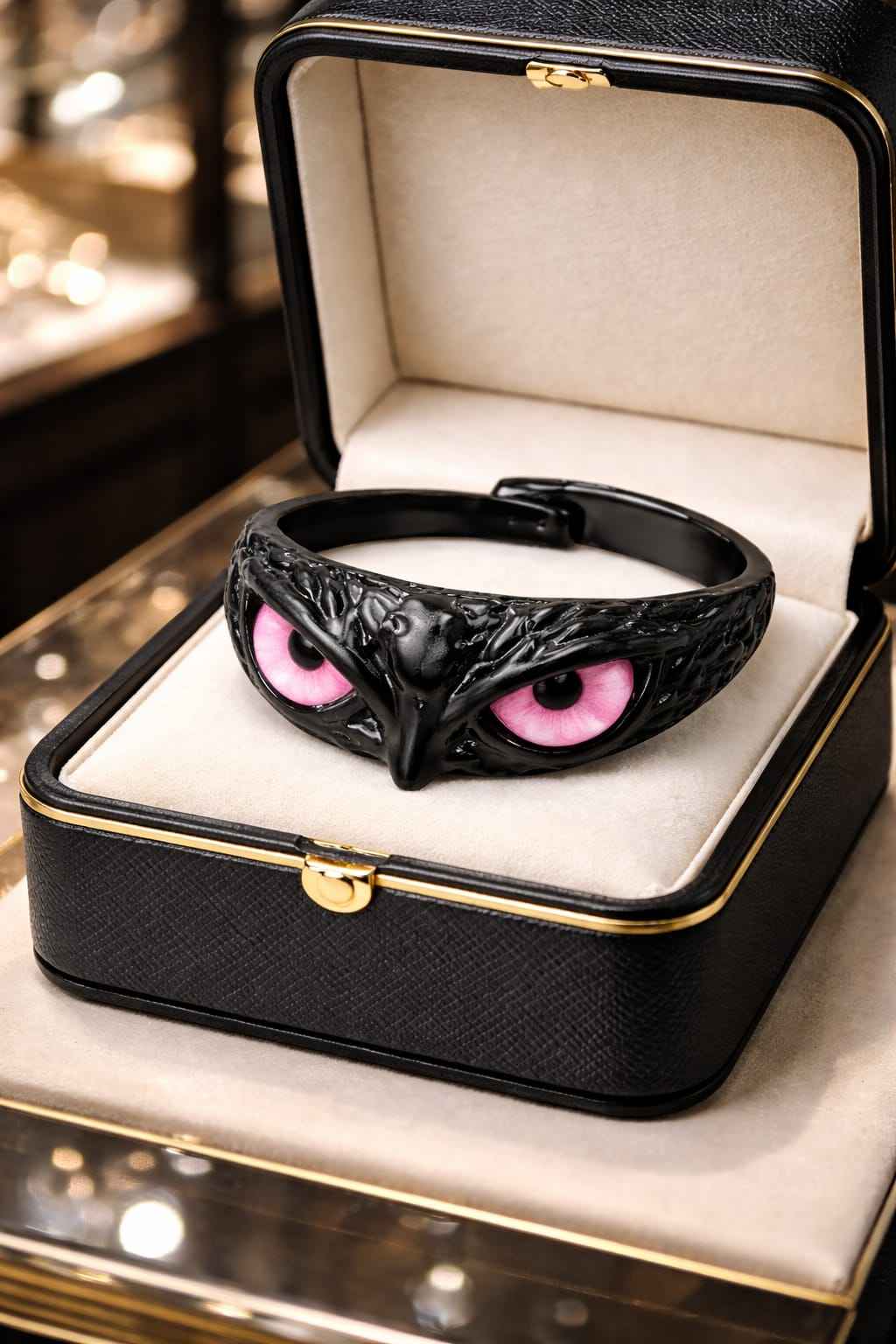 Gothic Owl Eye Black Adjustable Ring for Men & Women | Pink Eye Statement Fantasy Band