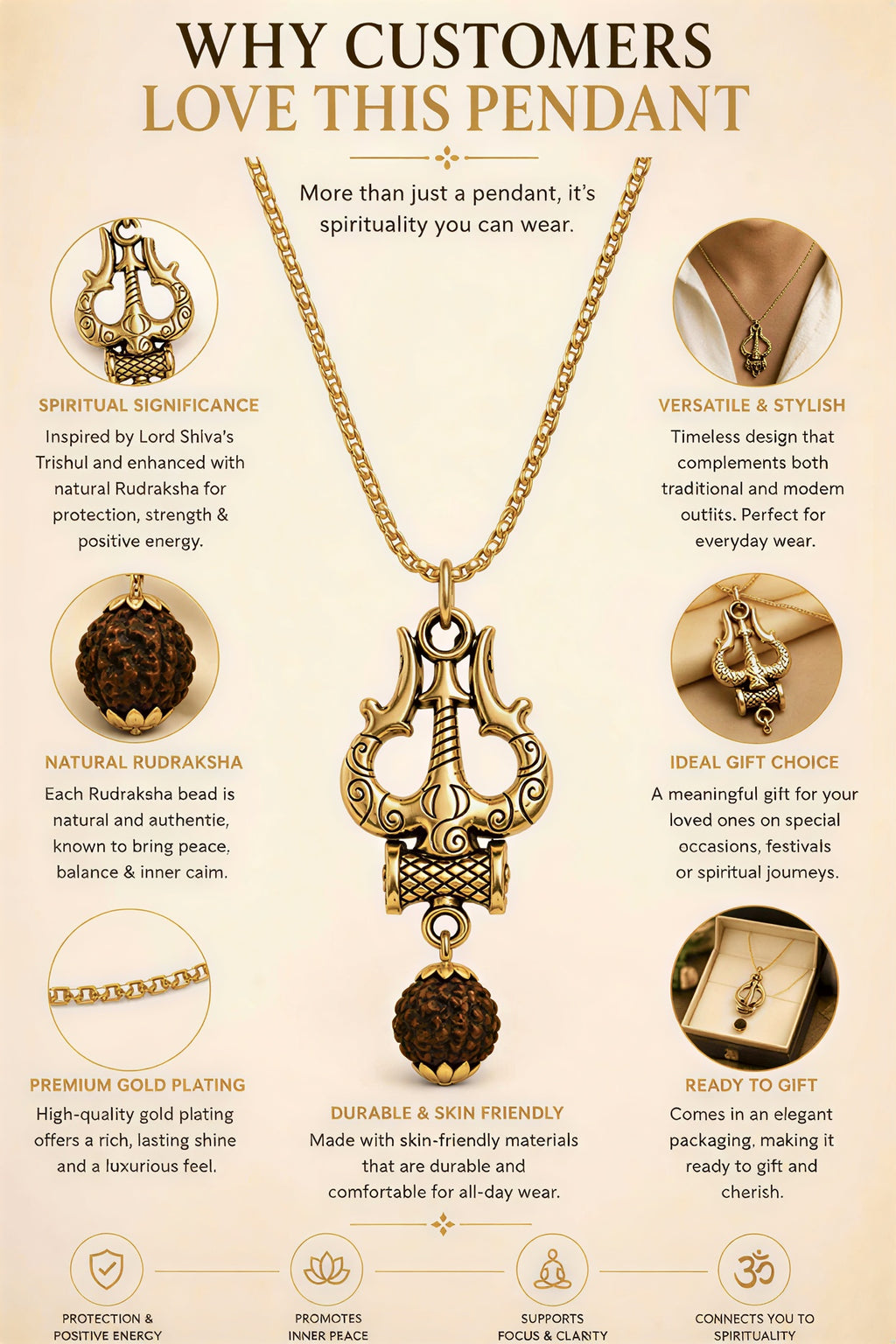 Benefits and spiritual significance of gold plated Trishul Rudraksha pendant necklace