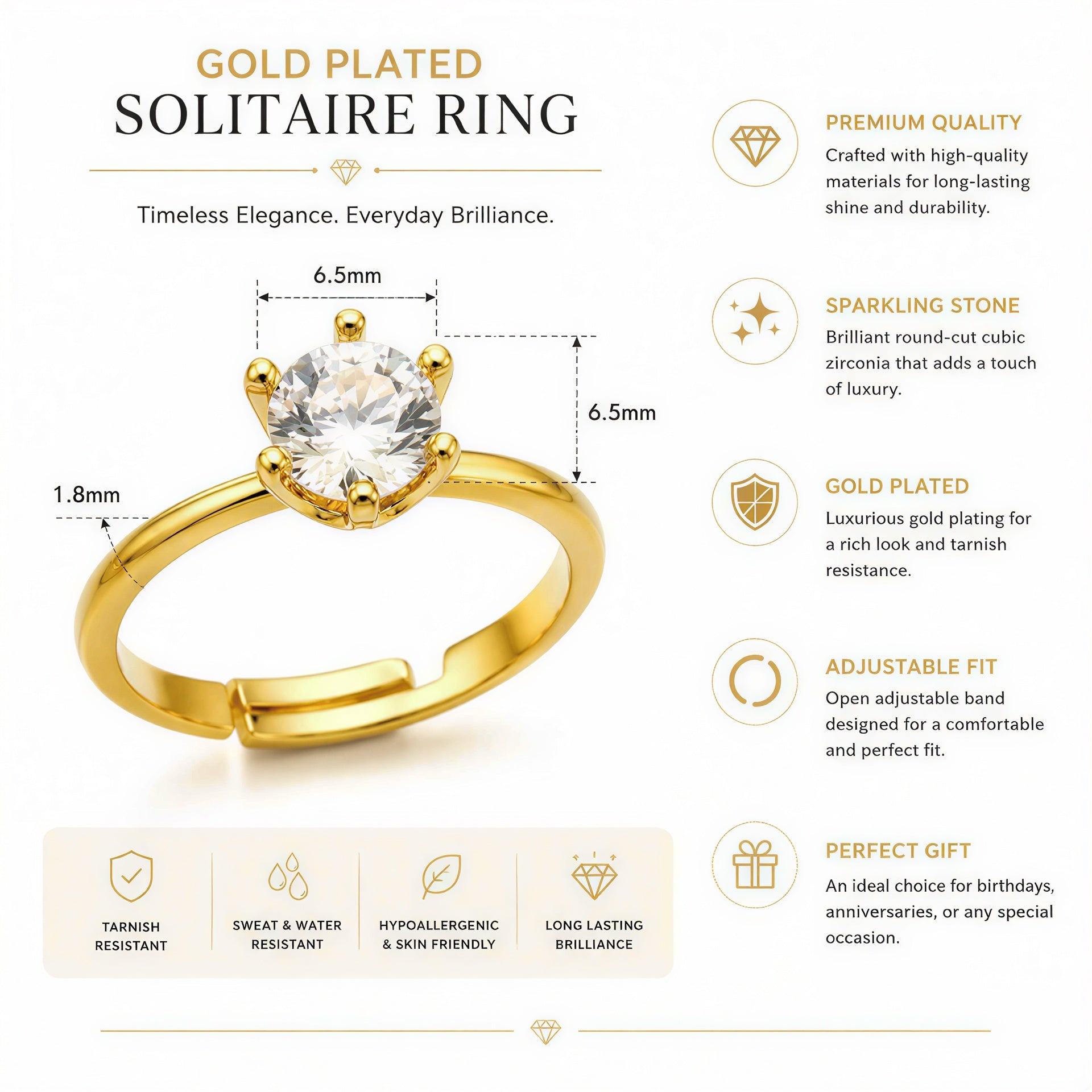 Elegant Gold Plated Finger Ring with CZ Stone