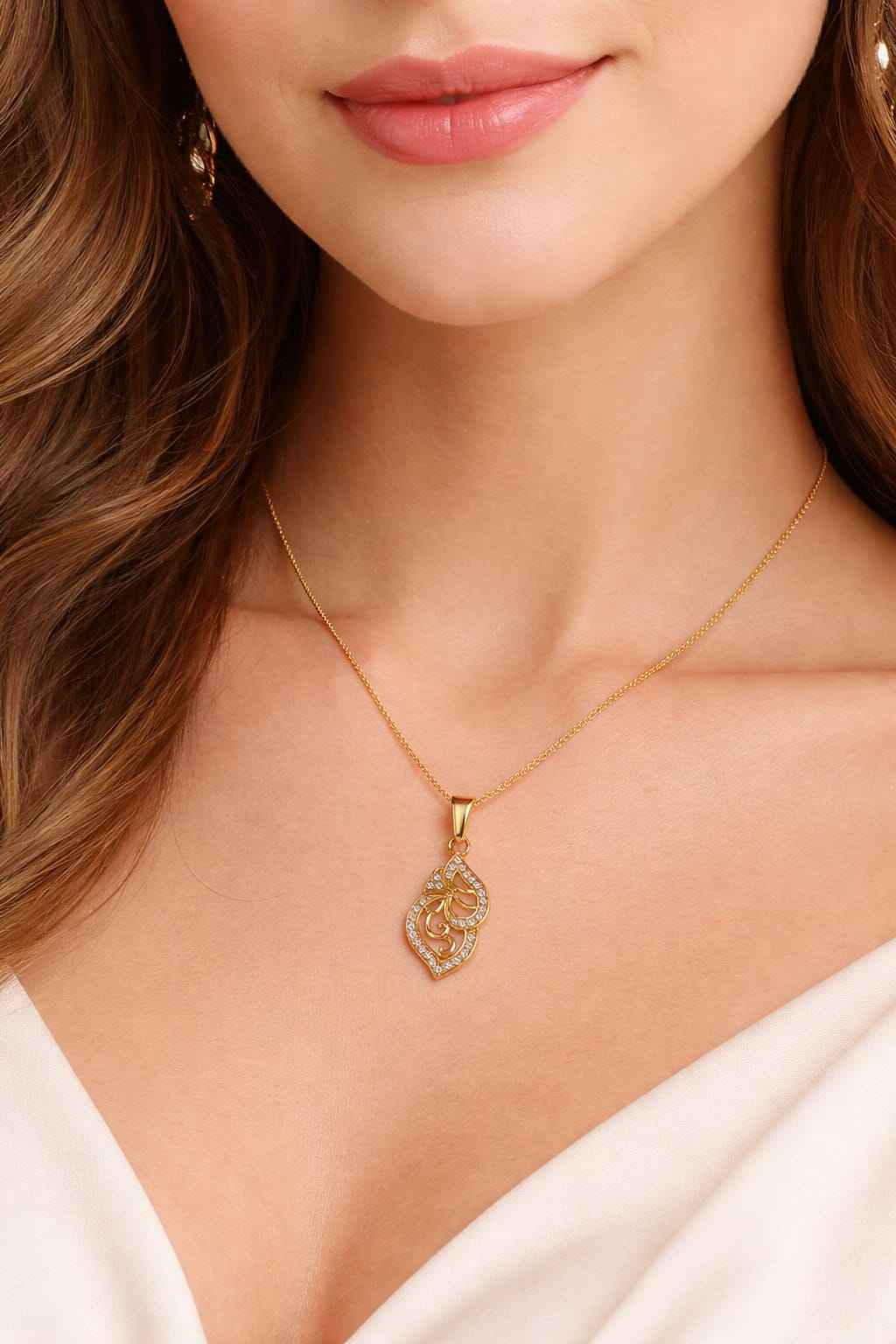 Gold Plated Designer Leaf Pendant Necklace for Women | American Diamond Crystal Pendant Chain | Stylish Daily Wear Jewellery | Party & Wedding Fashion Necklace Gift for Girls & Women