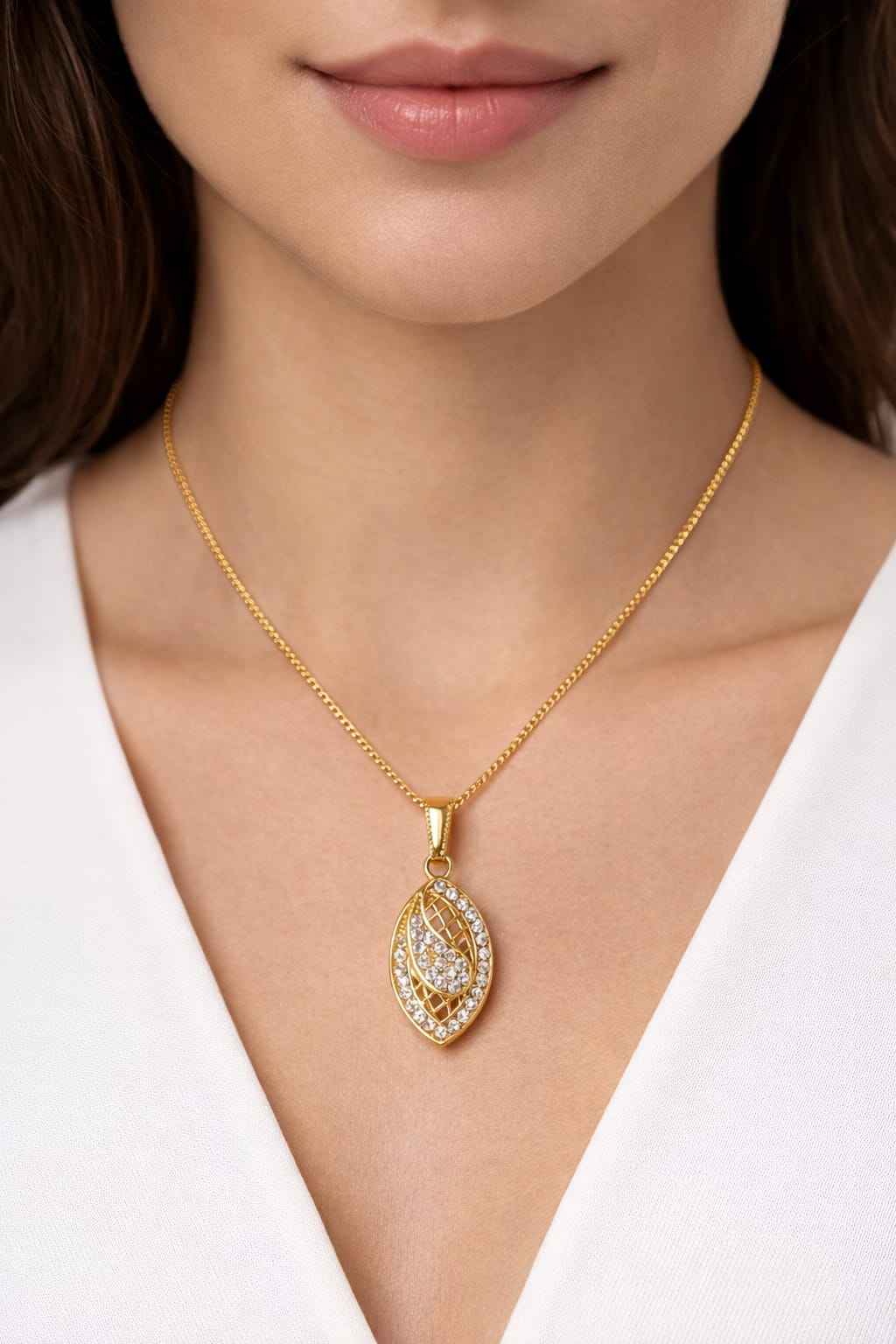 Gold Plated American Diamond Leaf Pendant Necklace for Women | Designer Crystal Pendant Chain | Stylish Daily Wear & Party Wear Jewellery Gift for Girls & Women