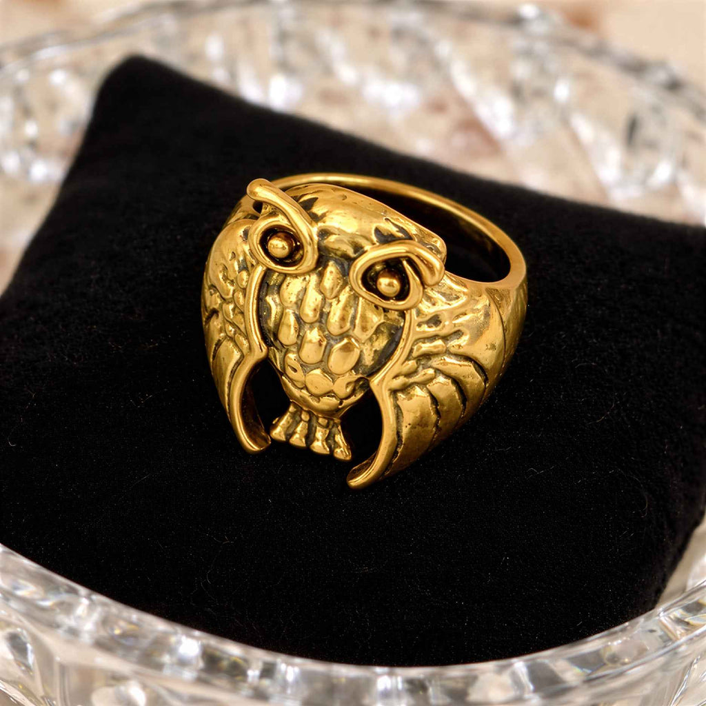 Oxidised Gold Plated Owl Design Statement Ring for Men & Women | Vintage Animal Design Fashion Ring for Boys, Girls, Men & Women | Party Wear Statement Finger Ring