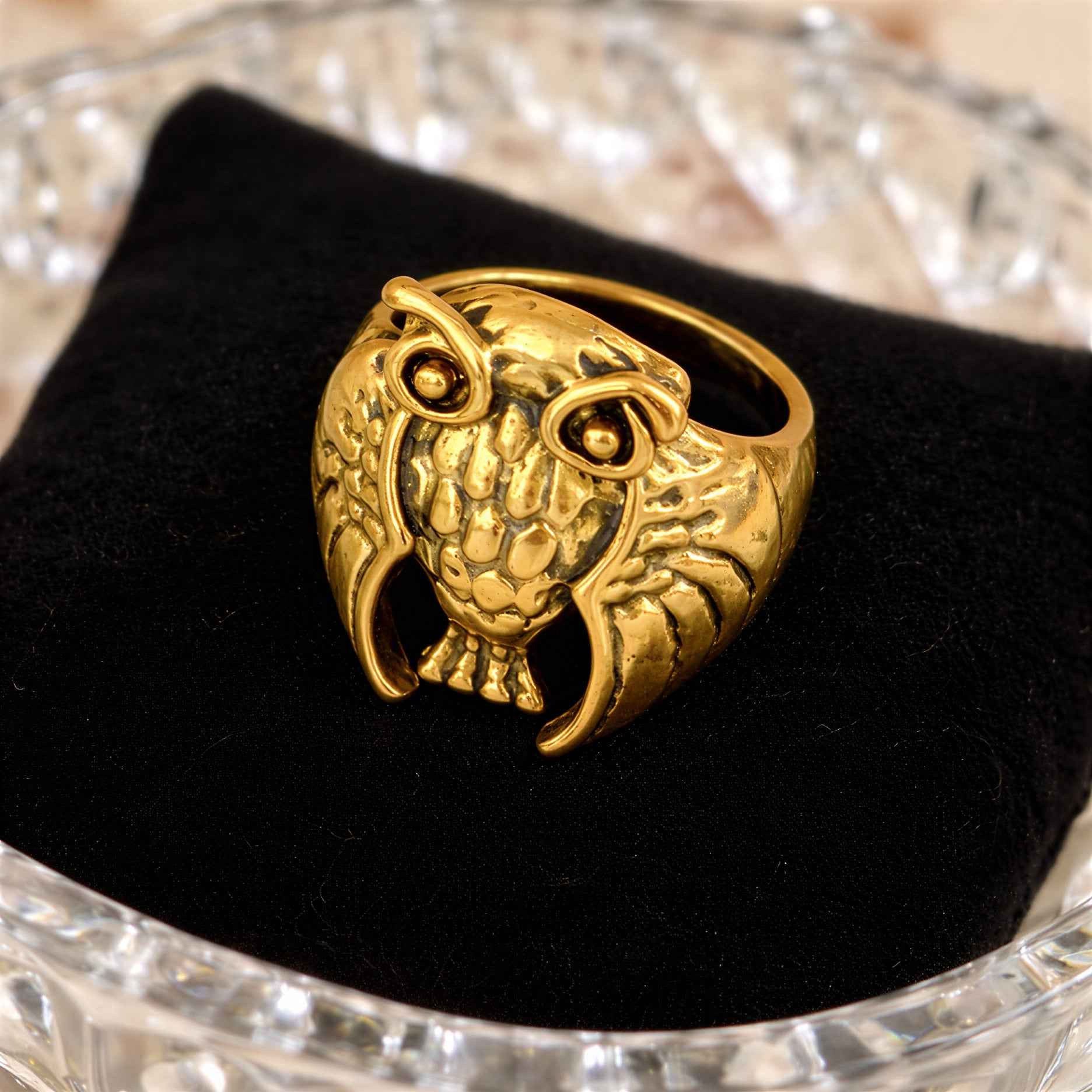 Oxidised Gold Plated Owl Design Statement Ring for Men & Women | Vintage Animal Design Fashion Ring for Boys, Girls, Men & Women | Party Wear Statement Finger Ring
