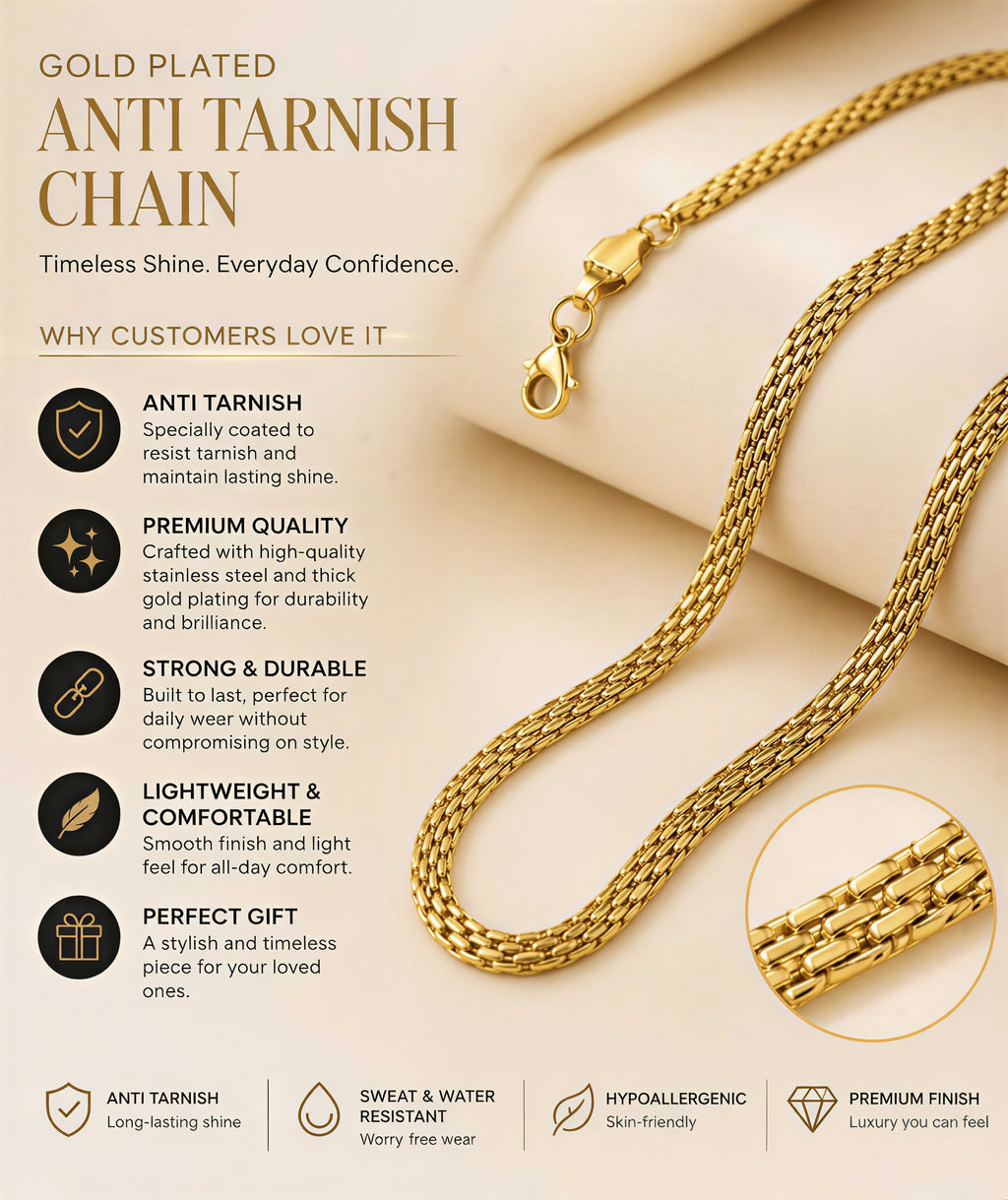 Anti Tarnish Gold Plated Chain for Men Waterproof Sweat Resistant Premium Quality Necklace
